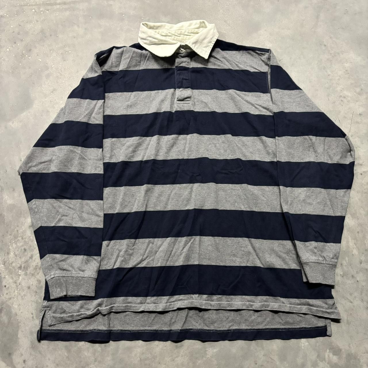 Japanese Brand × Vintage Crazy Vintage Y2K/2000s Grunge Grey Striped Skater Polo Rugby Longsleeve Shirt! Size US XL / EU 56 / 4 - 1 Thumbnail