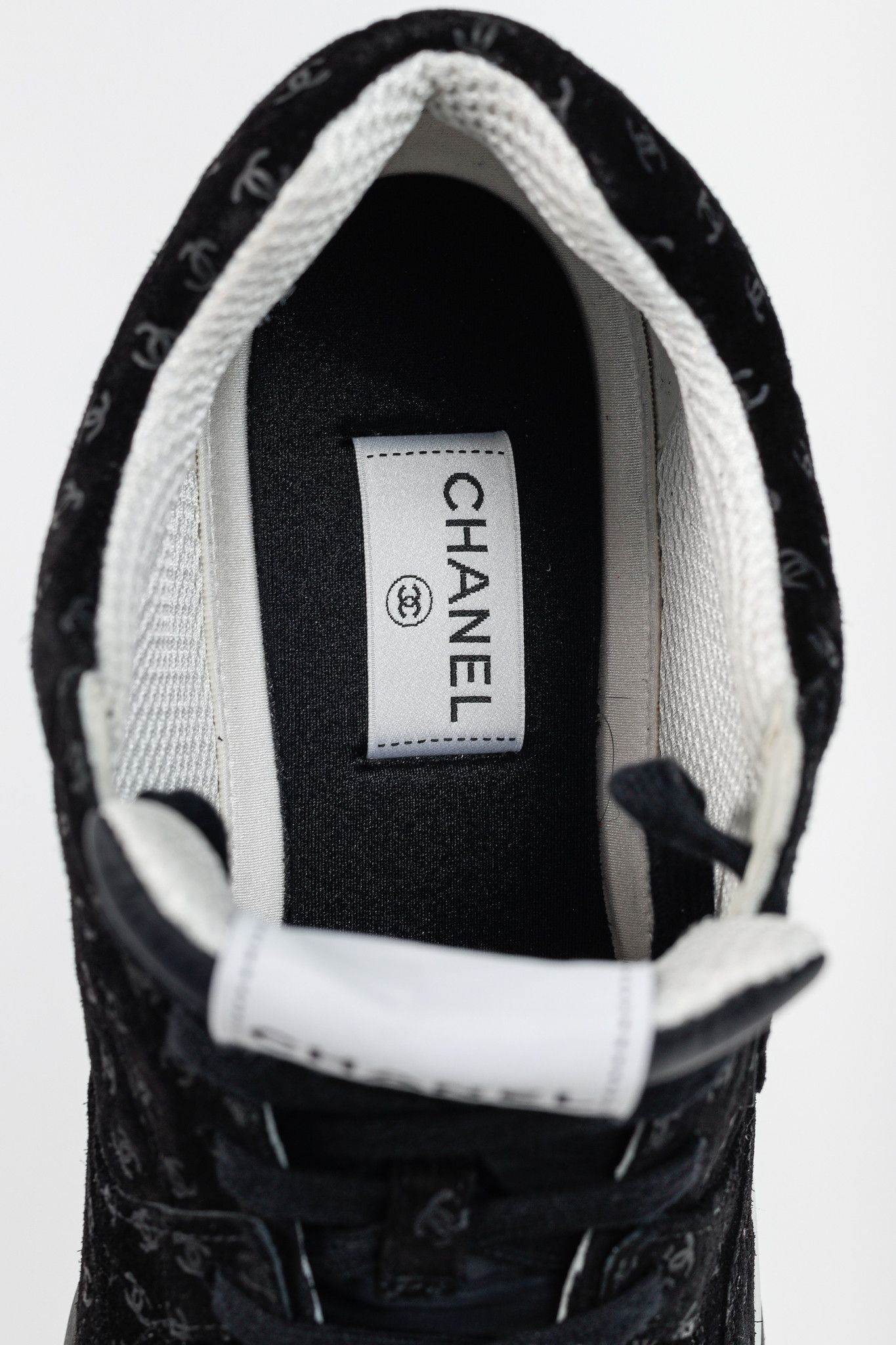 Chanel Chanel 22A Black Printed-CC-Logo Suede Low-Top Sneakers Size US 12 / EU 45 - 13 Thumbnail
