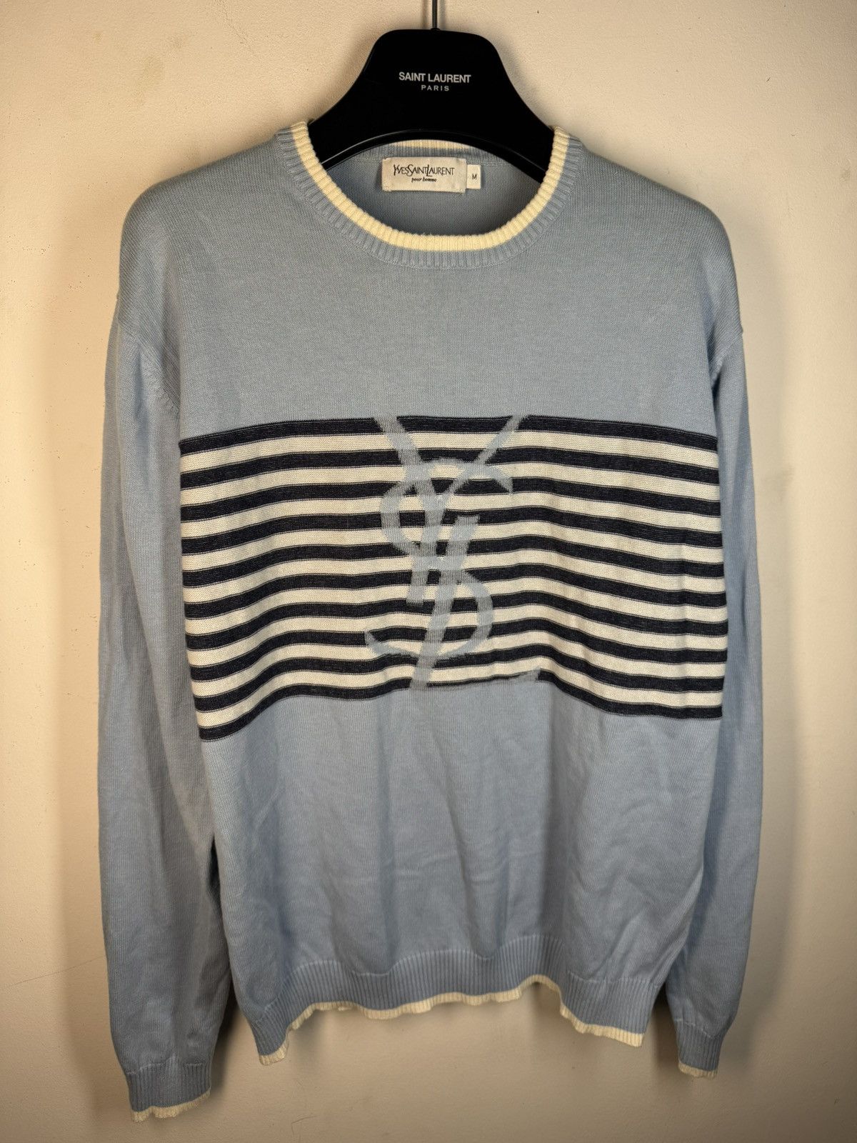 Yves Saint Laurent Blue YSL Sweater Knit Light Big Logo Size US M / EU 48-50 / 2 - 12 Thumbnail