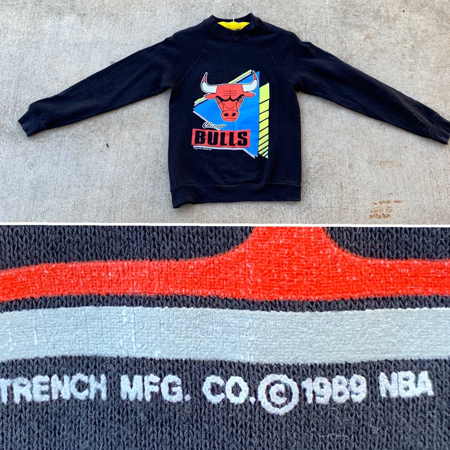 CO VINTAGE Chicago Bulls Sweatshirt Trench Mfg Co c 1989 NBA 1980s Size S Mens Black Cotton Blend Pullover Graphic Print 80s Sports Sweatshirt Size US S / EU 44-46 / 1 - 4 Thumbnail