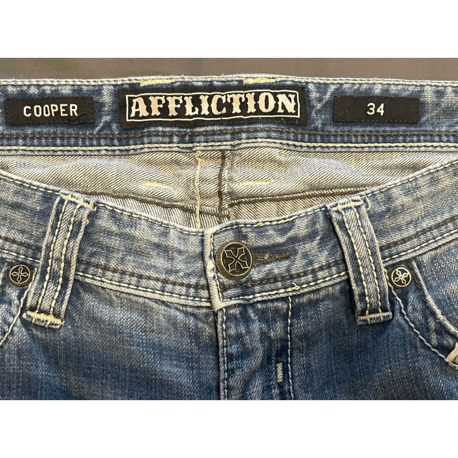 Affliction AFFLICTION Cooper Distressed Straight Jeans 34x33 Blue Biker Mens Size US 34 / EU 50 - 4 Thumbnail