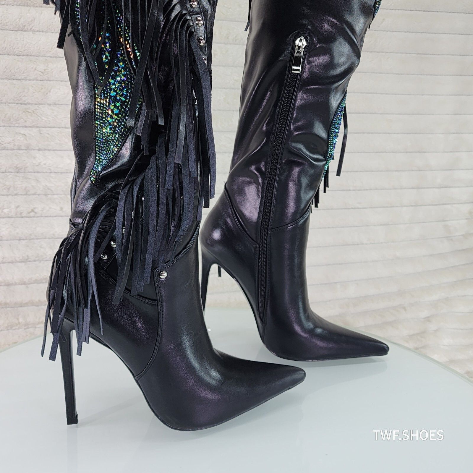 Azalea Wang Frenzy Black Fringe Rhinestone Over The Knee Thigh Boots Aza Size US 7.5 / IT 37.5 - 6 Thumbnail