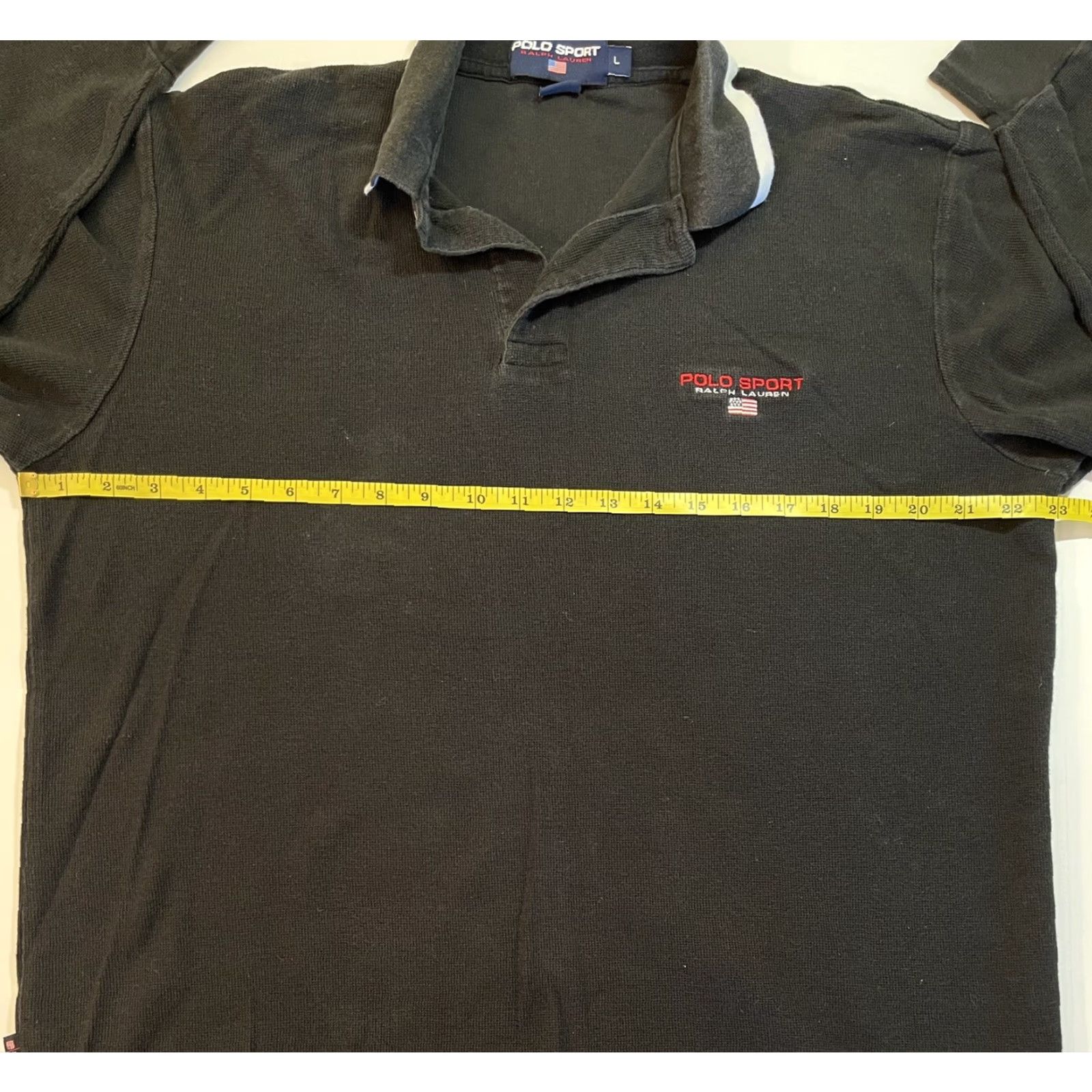 Polo Ralph Lauren VINTAGE Ralph Lauren Sport Polo Shirt Mens L Black Cotton Chambray Thermal Rugby with Spell Out Logo Flag 90s Mens Size US L / EU 52-54 / 3 - 7 Thumbnail