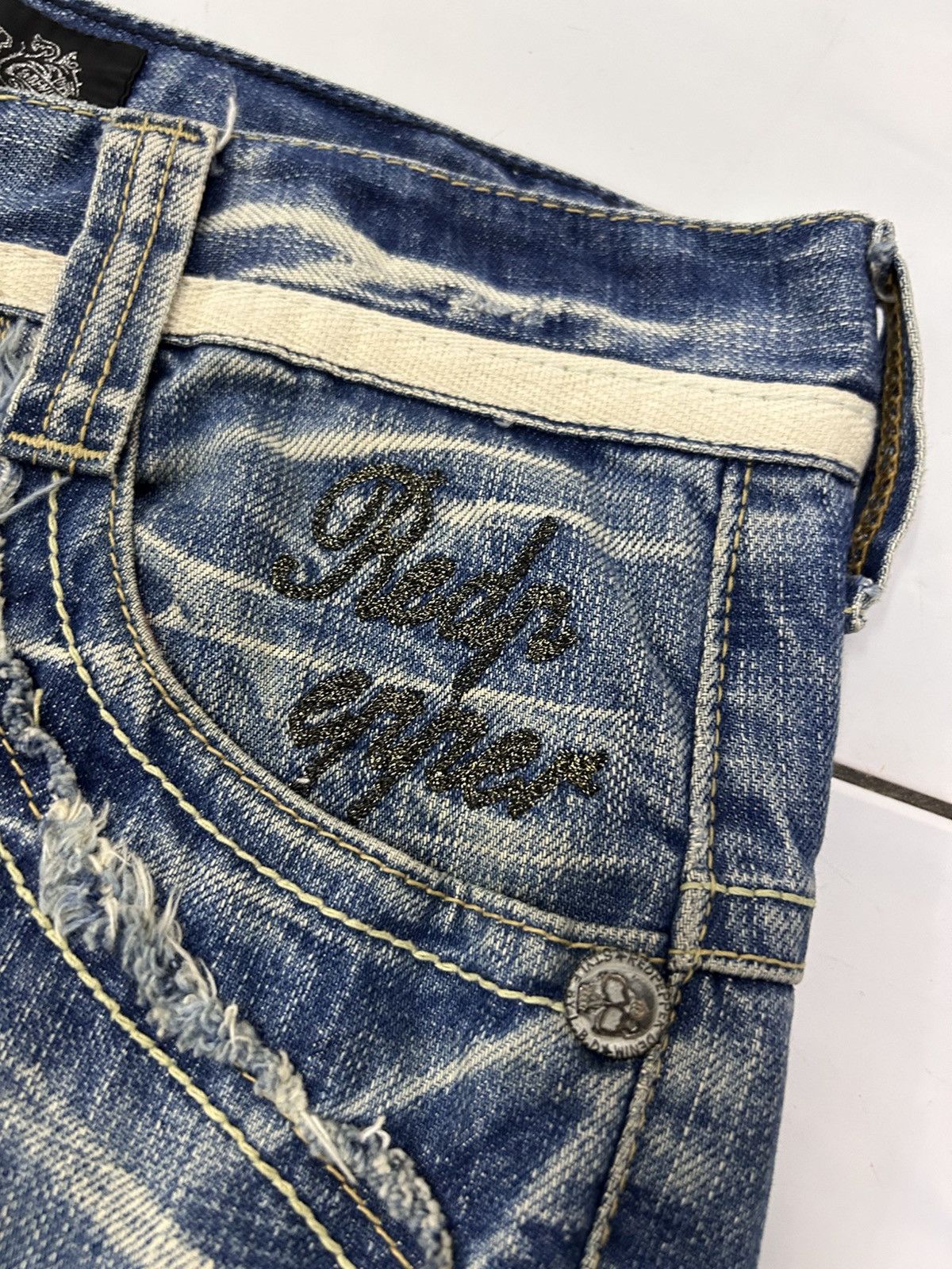 Japanese Brand × Vintage Flare Jeans Embroidered Skull Patch Distressed Denim Size US 32 / EU 48 - 16 Thumbnail
