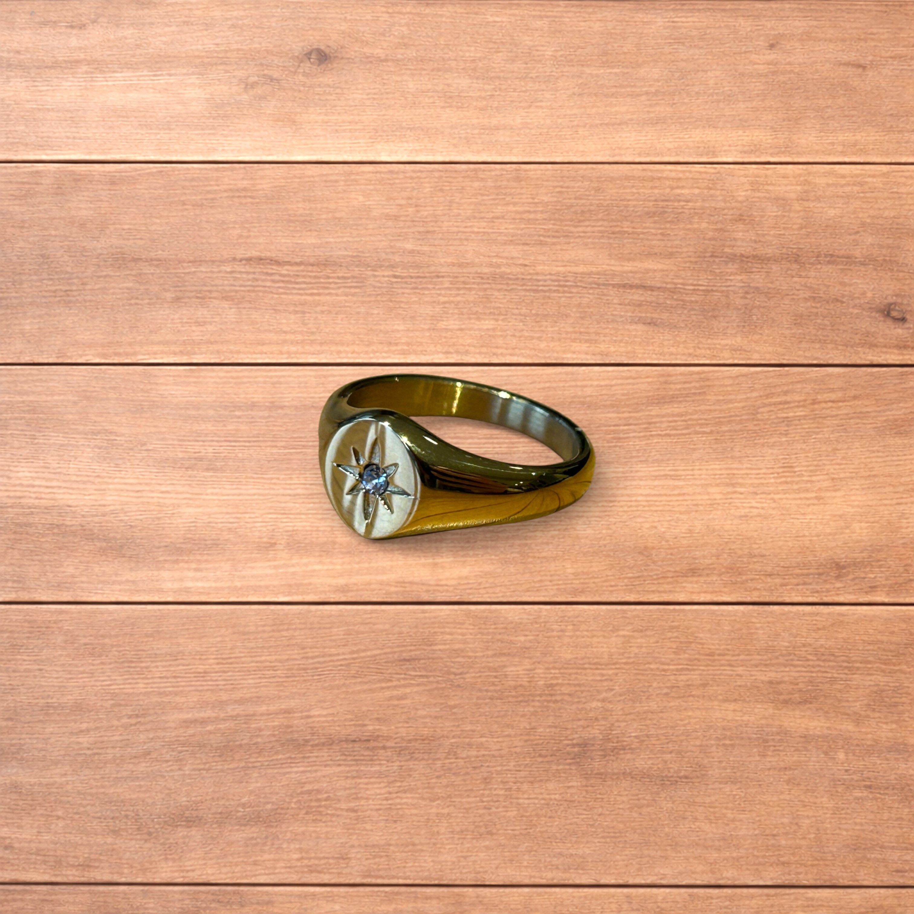 Japanese Brand Vintage style signet ring with diamond star detail in gold. Size ONE SIZE - 2 Thumbnail