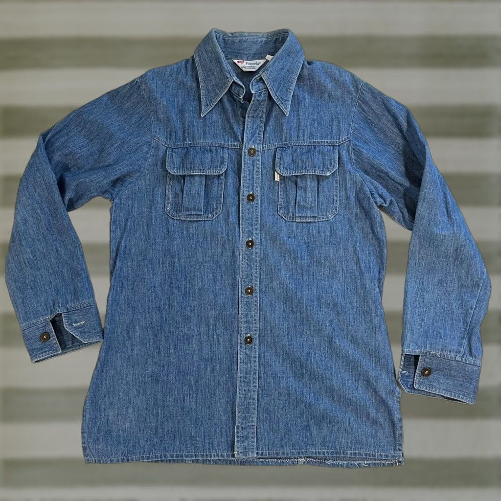 Levi's VINTAGE Levi's Men's Shirt Denim 70s Panatela Signature Collection 70s Americana Blue Long Sleeve Button-Up Size L Mens Size US L / EU 52-54 / 3 - 1 Thumbnail