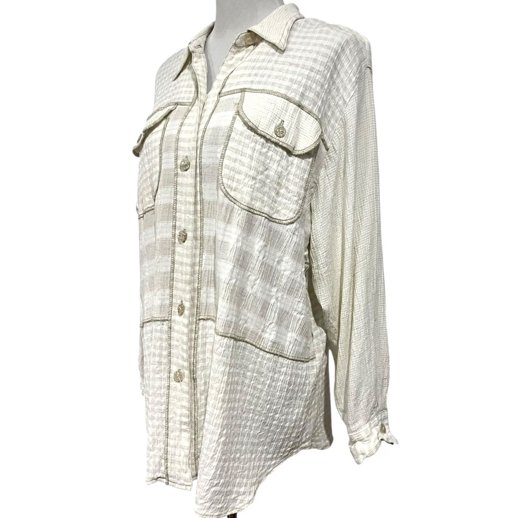 Vintage VINTAGE Saint Germain Paris Womens Blouse Button Up Top Beige Cream Check Pockets L Size L / US 10 / IT 46 - 3 Thumbnail