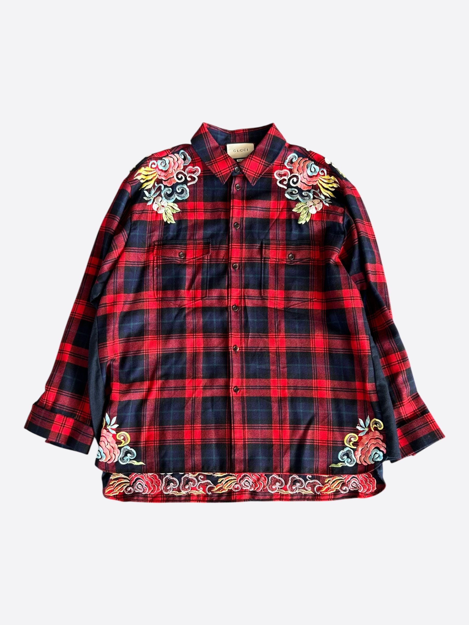 Gucci Gucci Red & Navy Plaid Dragon Embroidered Flannel Shirt Size US XXL / EU 58 / 5 - 1 Thumbnail