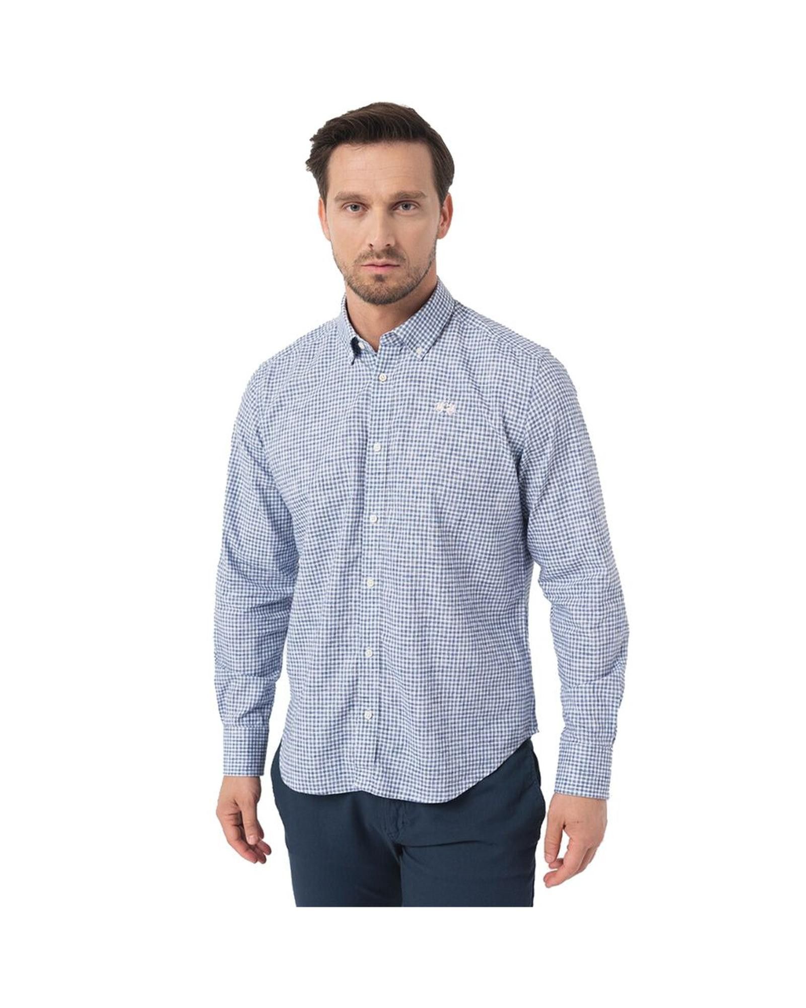 image of La Martina Checkered Poplin Embroidered Shirt in Blue, Men's (Size XL)