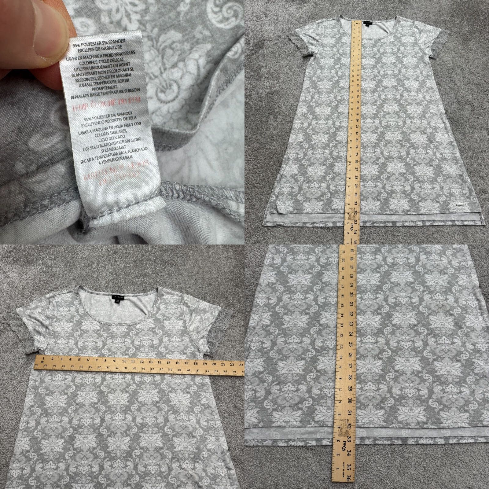 Vintage Tahari Damask Lace T-Shirt Dress Womens Large Gray White Short Sleeve Casual Dress Size L / US 10 / IT 46 - 8 Thumbnail