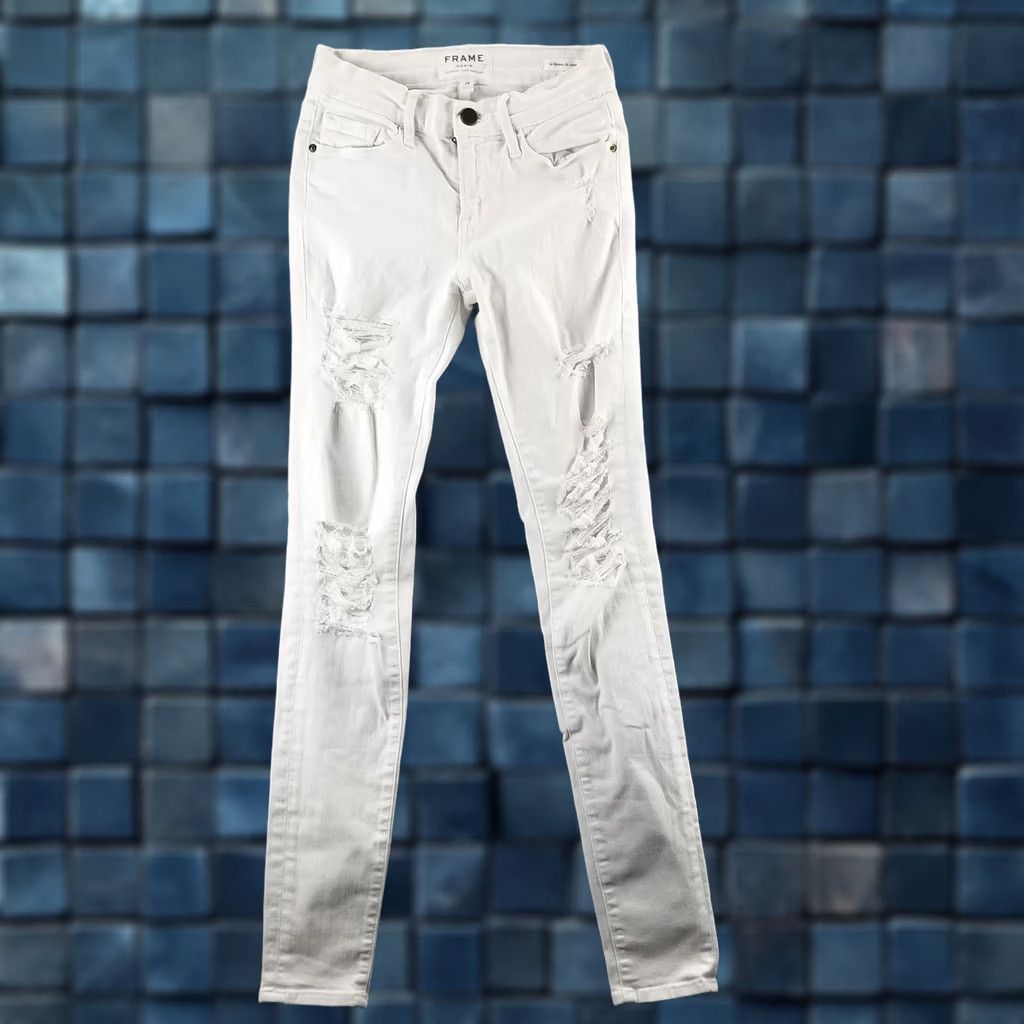 Frame FRAME Le Skinny De Jeanne Jeans - Women 24 White Denim Stretch Distressed Slim Cropped 27in Inseam Size 42" / US 20 - 1 Thumbnail