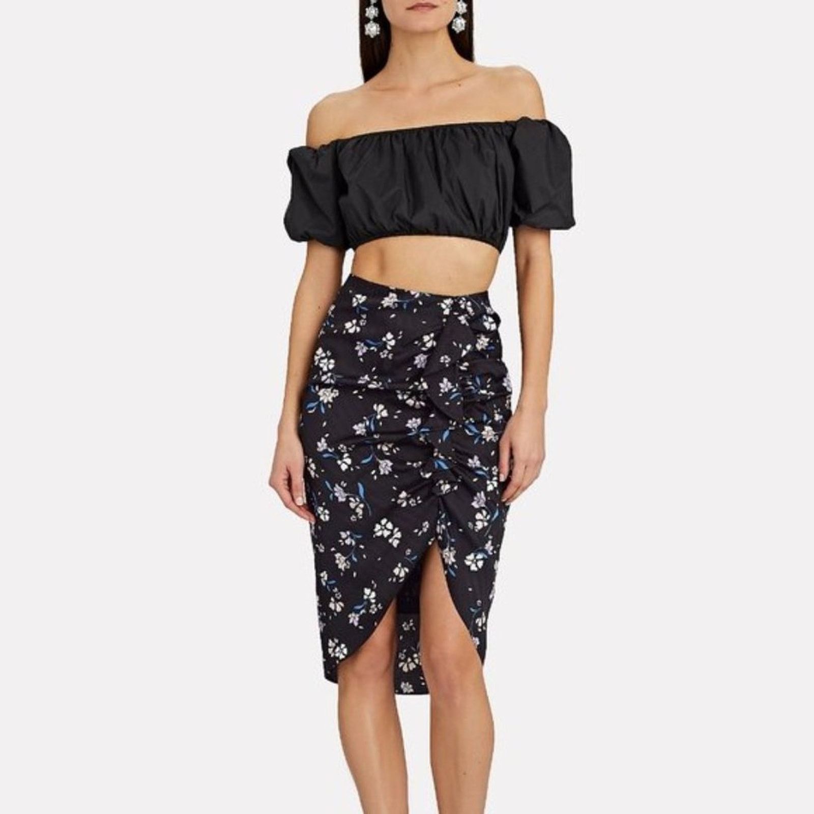 image of New Veronica Beard Hazel Skirt Silk Blend Ruffle Floral 14 in Black, Women's (Size 36)