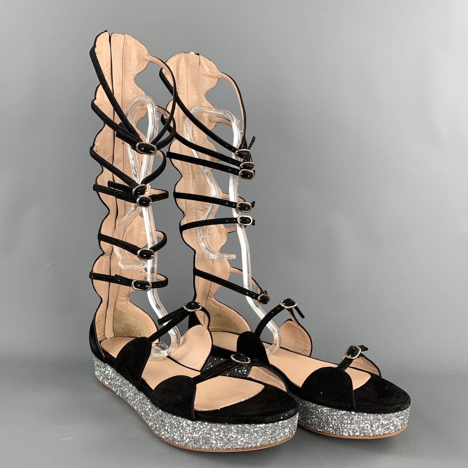 Giambattista Valli Size 8 Black Suede Glitter Gladiator Sandals Size US 8 / IT 38 - 4 Thumbnail