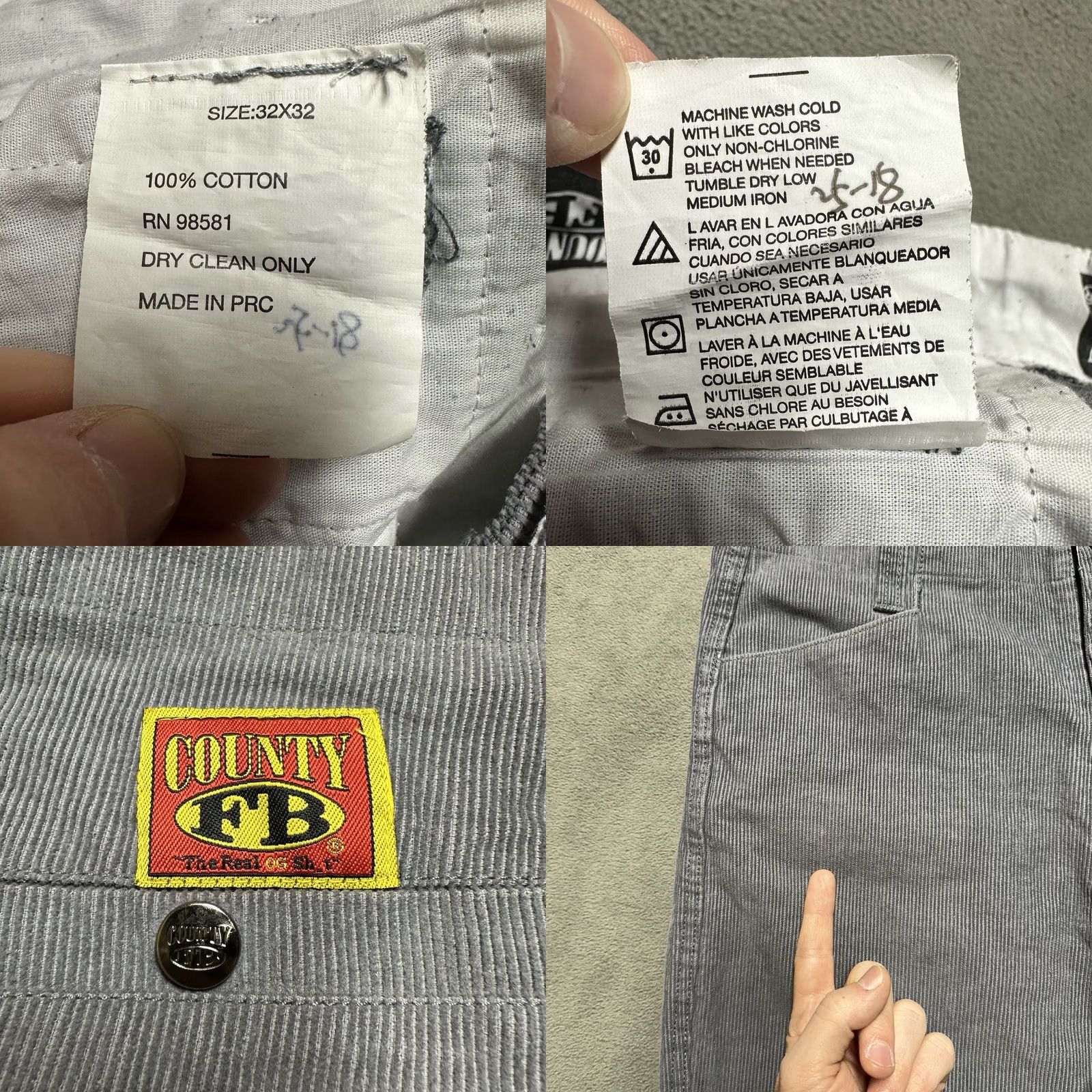 Vintage County FB Pants Mens 32x32 Gray Corduroy Straight 90s Hip Hop Grunge Style Size US 32 / EU 48 - 8 Thumbnail