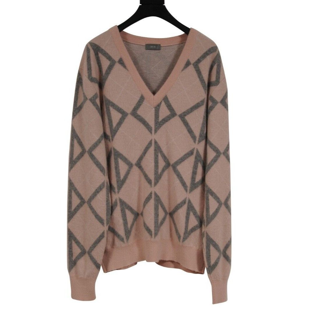 Dior Diamond Pattern V Neck Sweater Pink Gray Cashmere Size US M / EU 48-50 / 2 - 1 Thumbnail