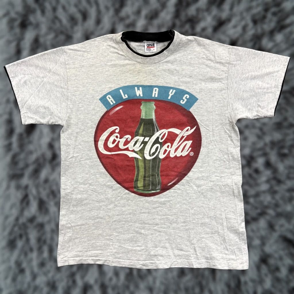 Anvil VINTAGE Coca Cola Shirt Mens Large Gray 1990s USA Anvil Knit Cotton Short Sleeve Crew Neck Logo Baseball Pop Adventure Time Mens Shirts Size US L / EU 52-54 / 3 - 1 Thumbnail