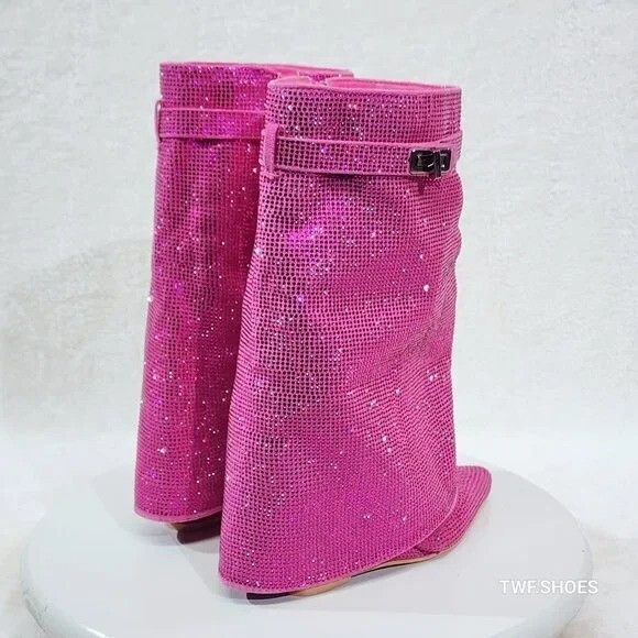 Other Betty Sparkling Pink Rhinestone Skirted Fold Over Calf Boots Size US 6 / IT 36 - 4 Thumbnail