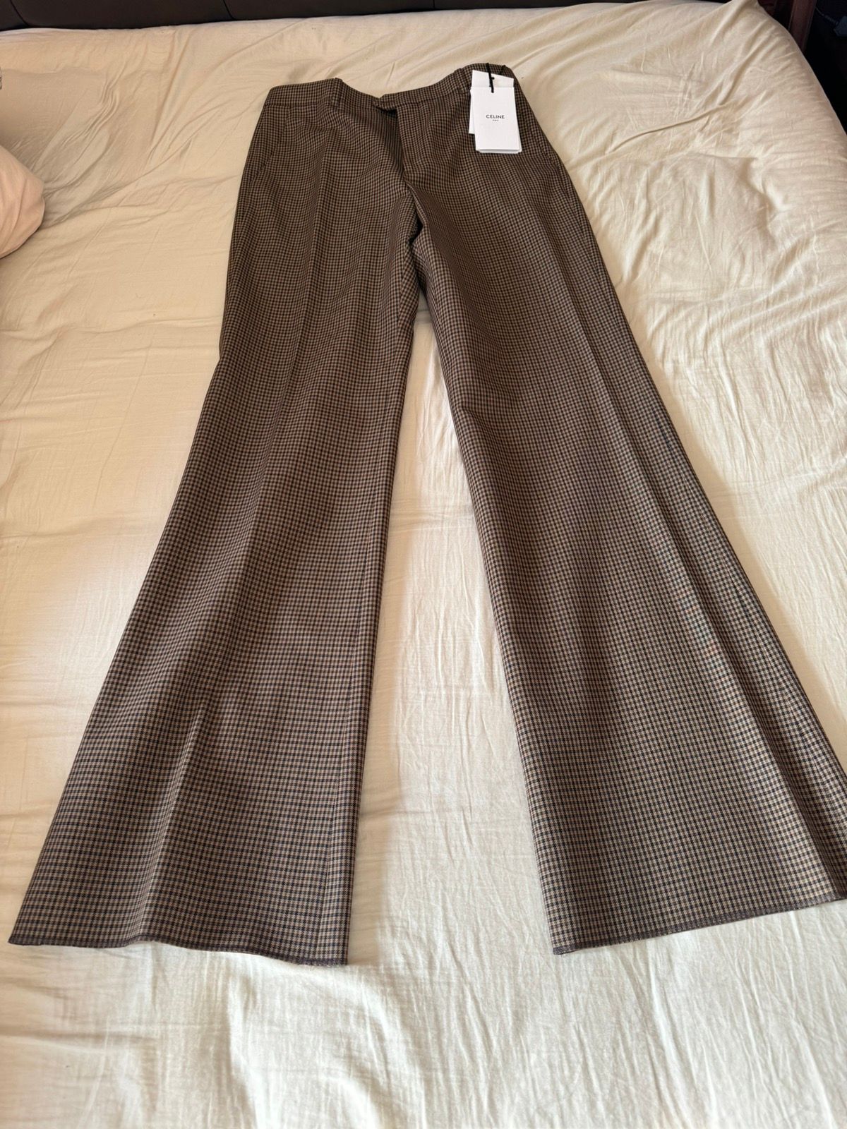 Pre-owned Celine X Hedi Slimane Celine Checked Wool Flared Bootcut Pants Sz48 In Brown