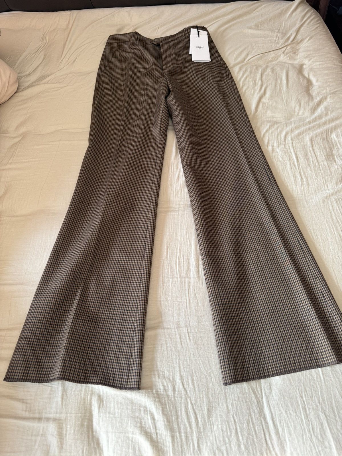 image of Celine Checked Wool Flared Bootcut Pants Sz48 in Brown, Men's (Size 32)
