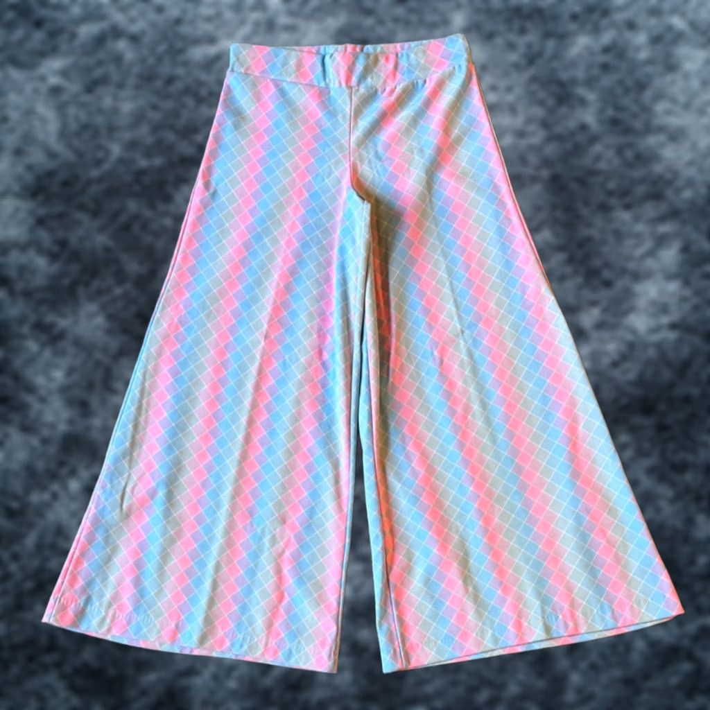 Vintage VINTAGE 1970s Women's Bellbottom Pants Flared Diamond Pattern Stretch Waist 14 Inseam 29.5 Sky Blue/Pink/White Hippie Size 36" / US 14 / IT 50 - 1 Thumbnail