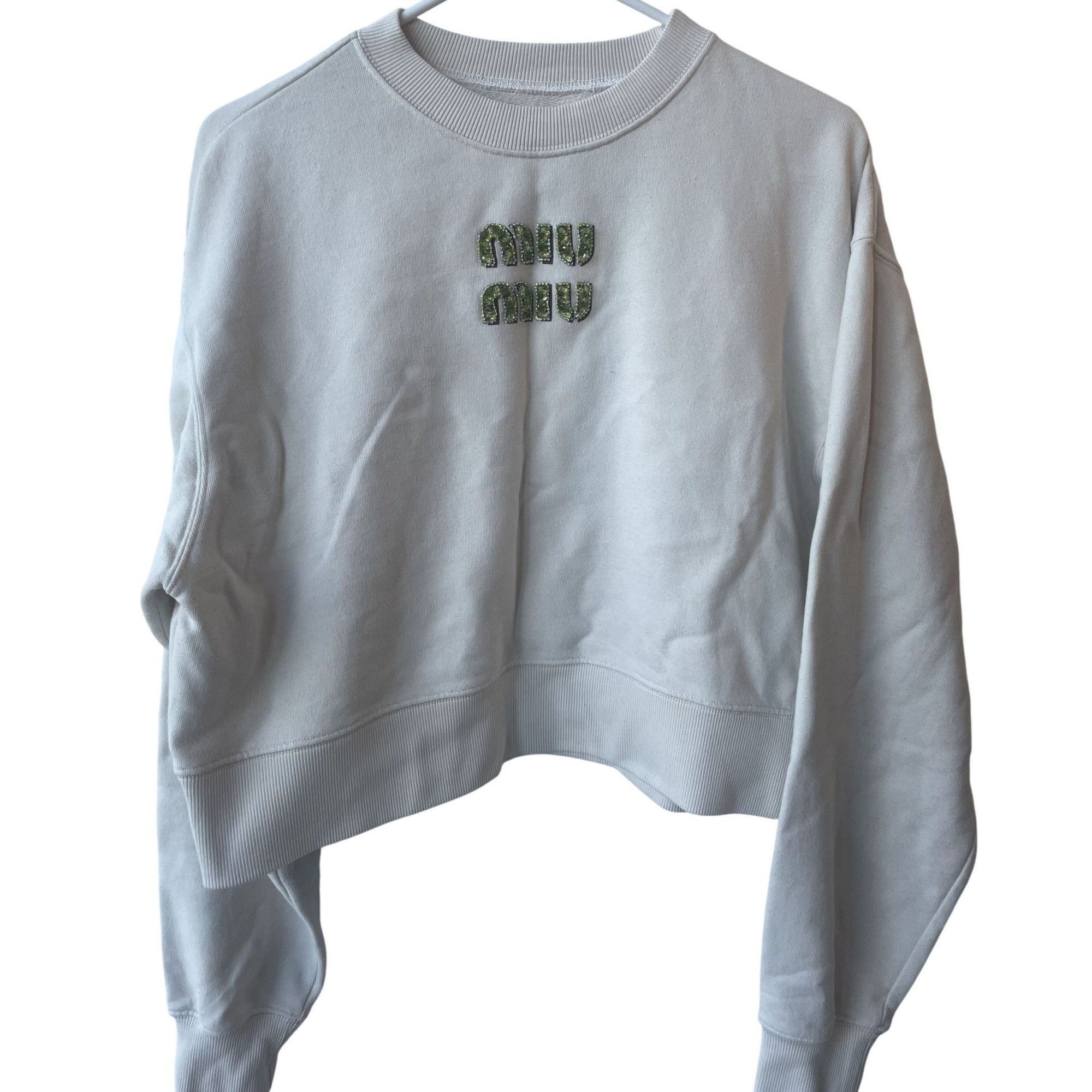 Miu Miu Miu Miu Womens Cropped Sweatshirt With Green Rhinestone Logo Size M / US 6-8 / IT 42-44 - 1 Thumbnail