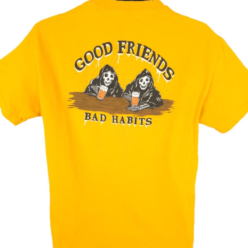 Vintage Good Friends Bad Habits T Shirt Mens Size Medium Yellow Grim Reaper Beers Shirt Size US M / EU 48-50 / 2 - 4 Thumbnail