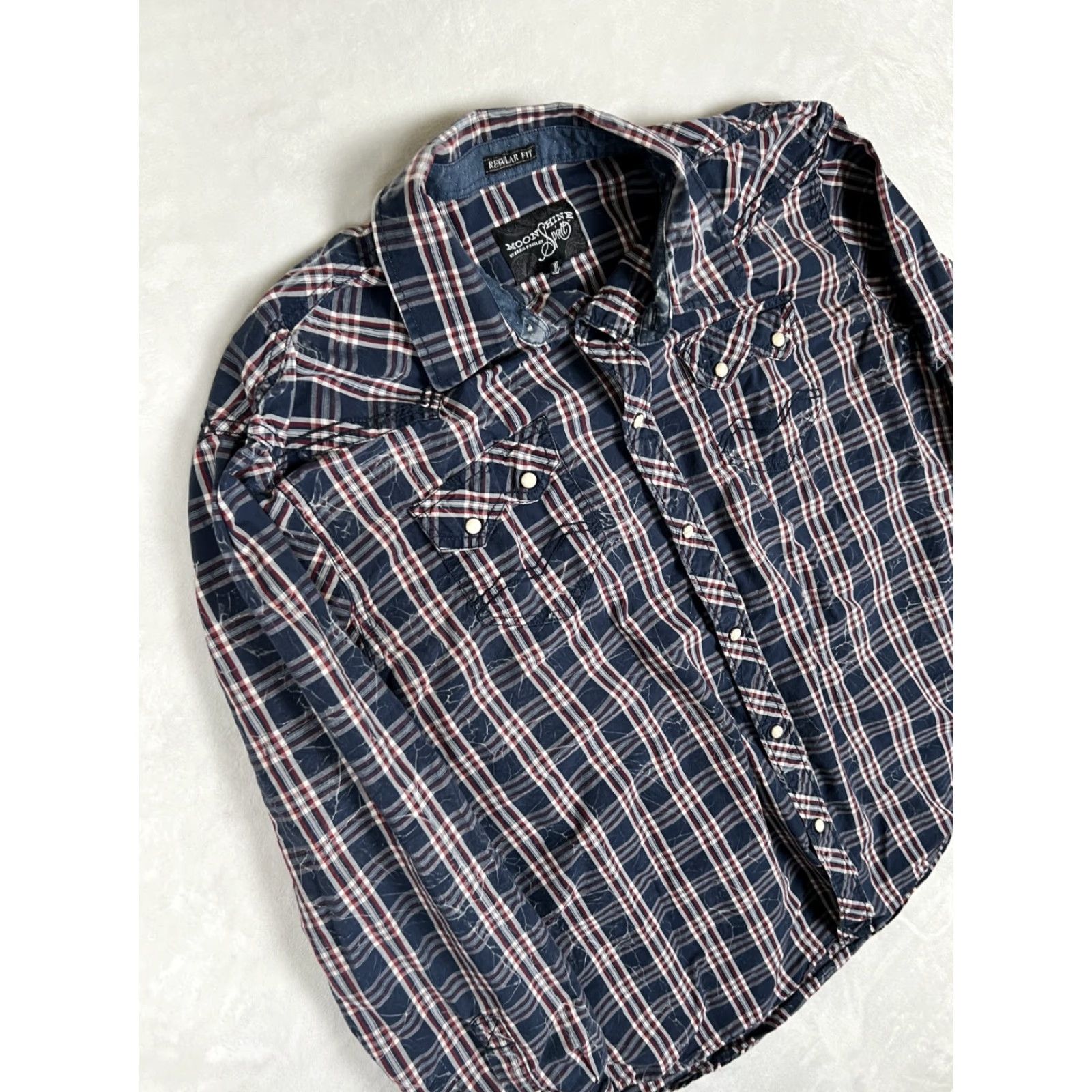 Vintage Moonshine Spirit Shirt Mens Large Blue Plaid Western Snap Front Regular Fit Size US L / EU 52-54 / 3 - 4 Thumbnail