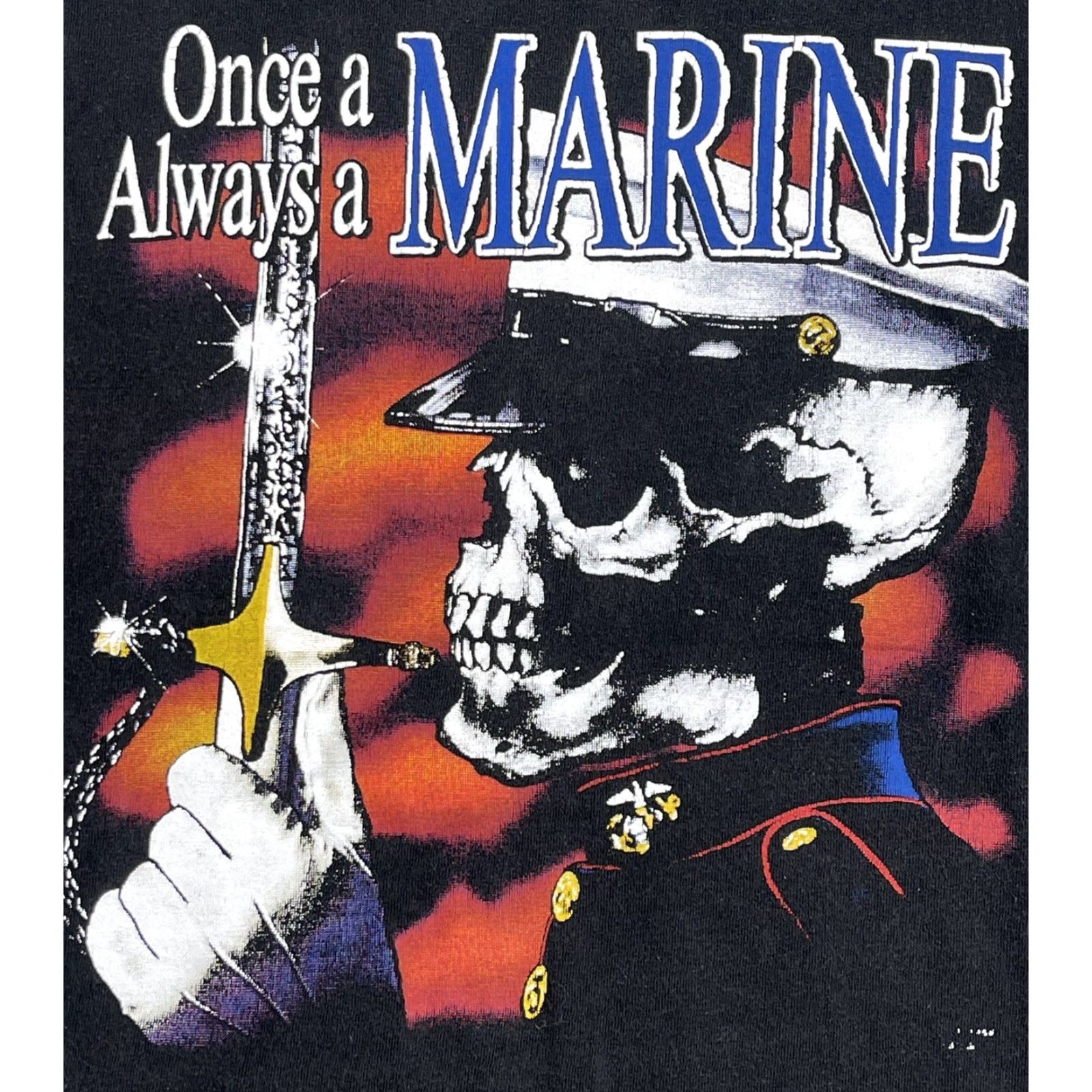 Vintage VINTAGE 3D Emblem T-Shirt XL Black Once A Marine Always a Marine Military Skull Sword Mens Size US XL / EU 56 / 4 - 2 Thumbnail