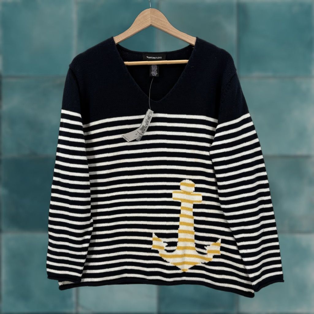 Vintage Norton Studio Sweater Womens Large Blue Stripe Anchor V-Neck Cotton Nautical NWT Size L / US 10 / IT 46 - 1 Thumbnail