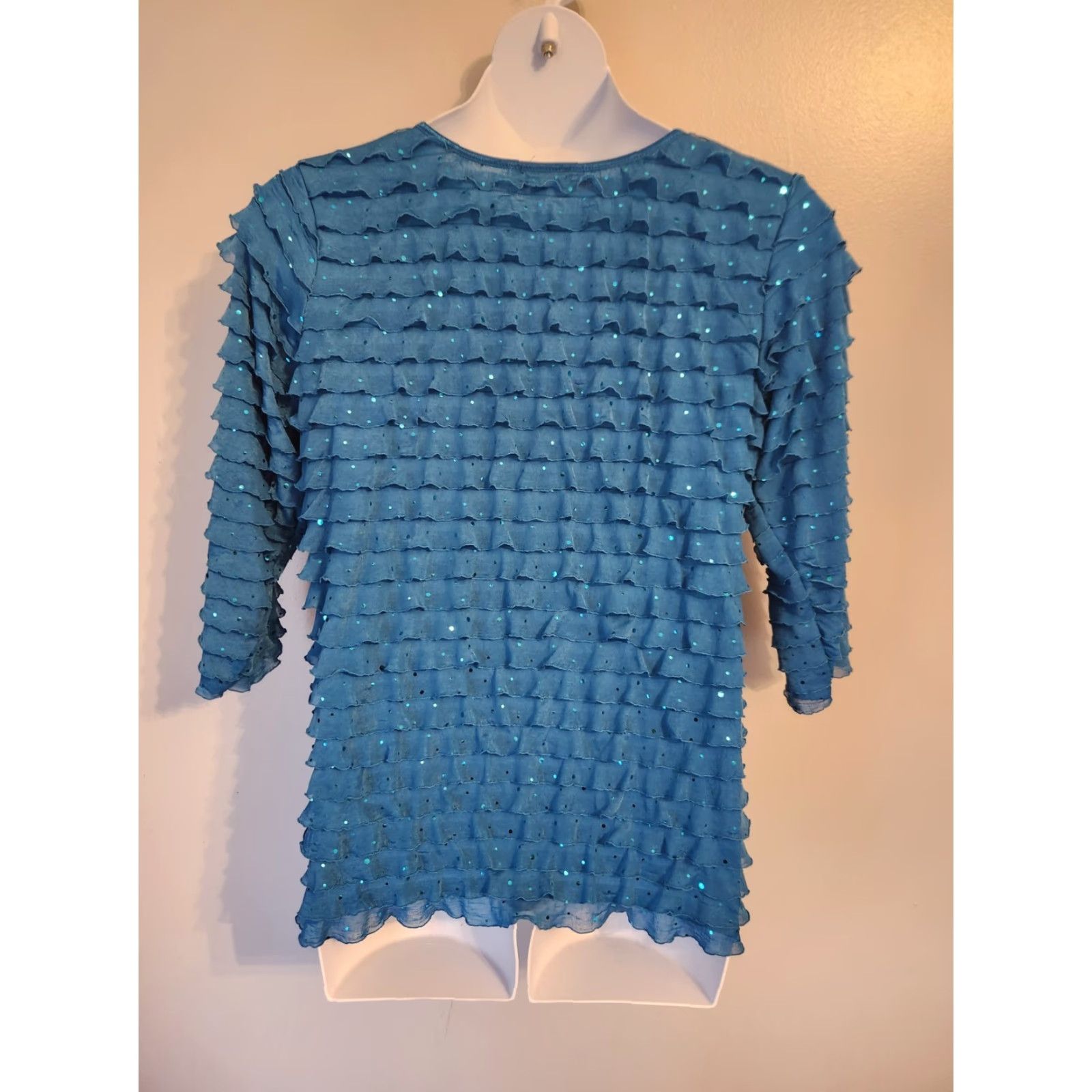 Element Elementz Woman Teal Layered Ruffle Sparkly Top Blouse Boho 1X Shirt Adult Plus Blue 3/4 Sleeve Round Neck Casual Party/Cocktail Travel Business Womens Size XL / US 12-14 / IT 48-50 - 4 Thumbnail