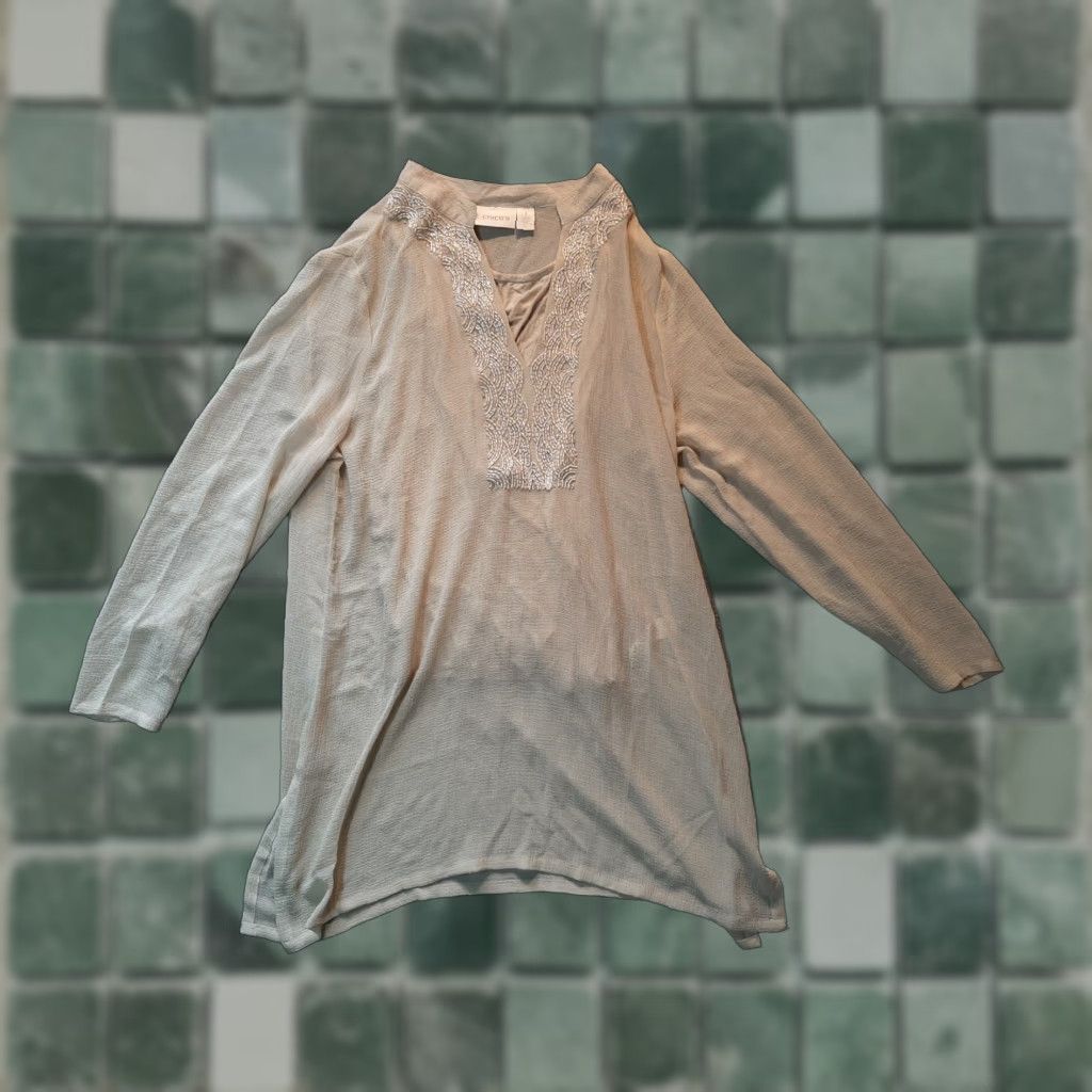 Vintage Chico’s Long Sleeve Blouse Size 1 Beige Beaded Lined Top Shirt Women Regular Button-Up Size XS / US 0-2 / IT 36-38 - 1 Thumbnail
