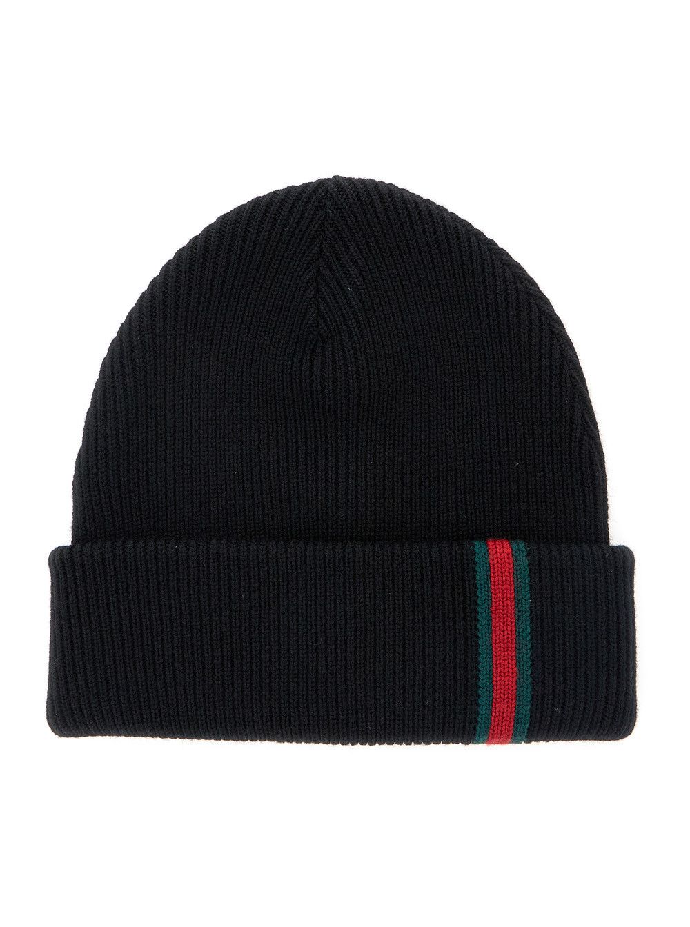 Gucci Black Wool Beanie with Ribbed Knit and Web Detail on the Front for Men Size ONE SIZE - 1 Thumbnail