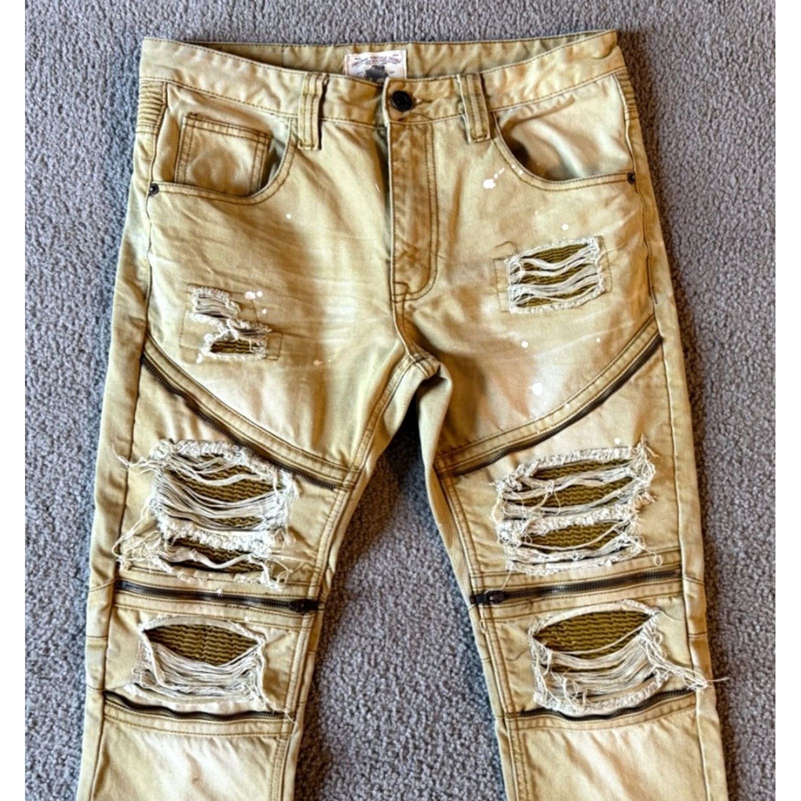 Vintage Smoke Rise Jeans Distressed Slim Fit 34 x 33.5 Men Denim Cotton Zipper 5-Pocket Tan Yellow Shirt? Size US 34 / EU 50 - 3 Thumbnail