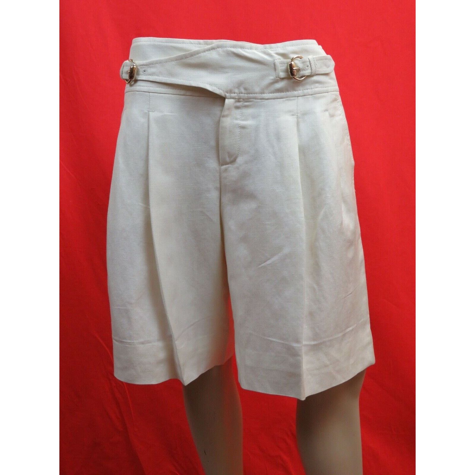 Gucci GUCCI OFF WHITE LINEN BELTED GOLD 2 X BUCKLE SHORTS 42 IT Size 34" / US 12 / IT 48 - 1 Thumbnail