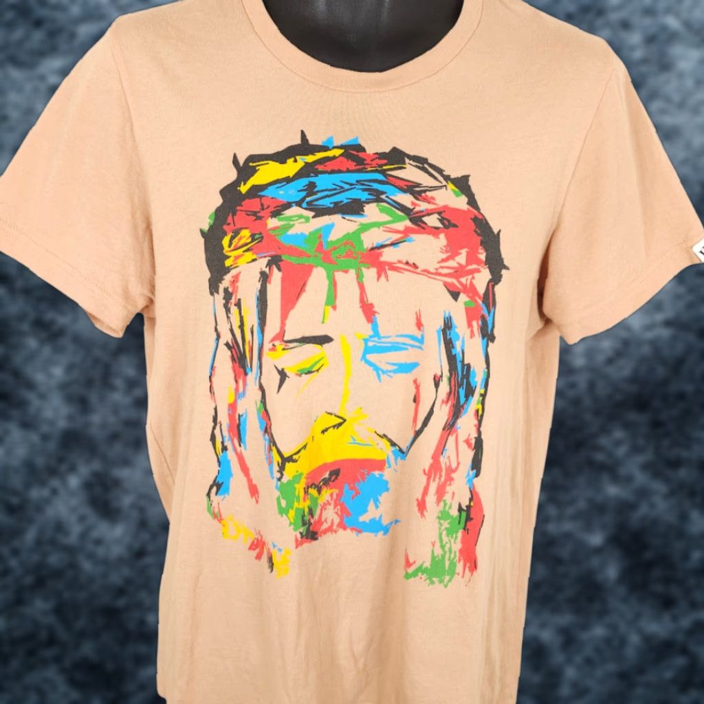 Vintage WRLDINVSN Christian T Shirt Mens Medium Beige Cross Jesus Christ Crew Neck Short Sleeve Size US M / EU 48-50 / 2 - 1 Thumbnail