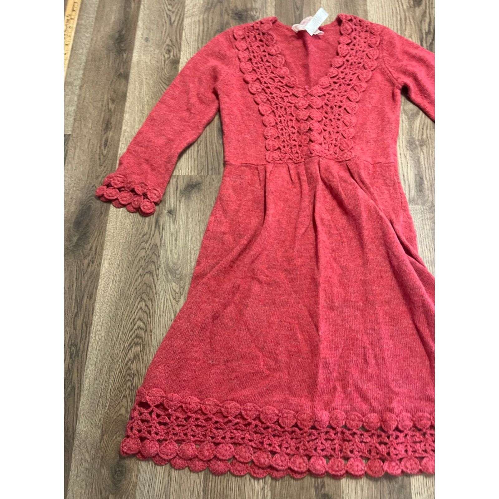 Vintage Nick & Me Dress Women's Size Small Red V-Neck Long Sleeve Crochet Dress Size S / US 4 / IT 40 - 3 Thumbnail