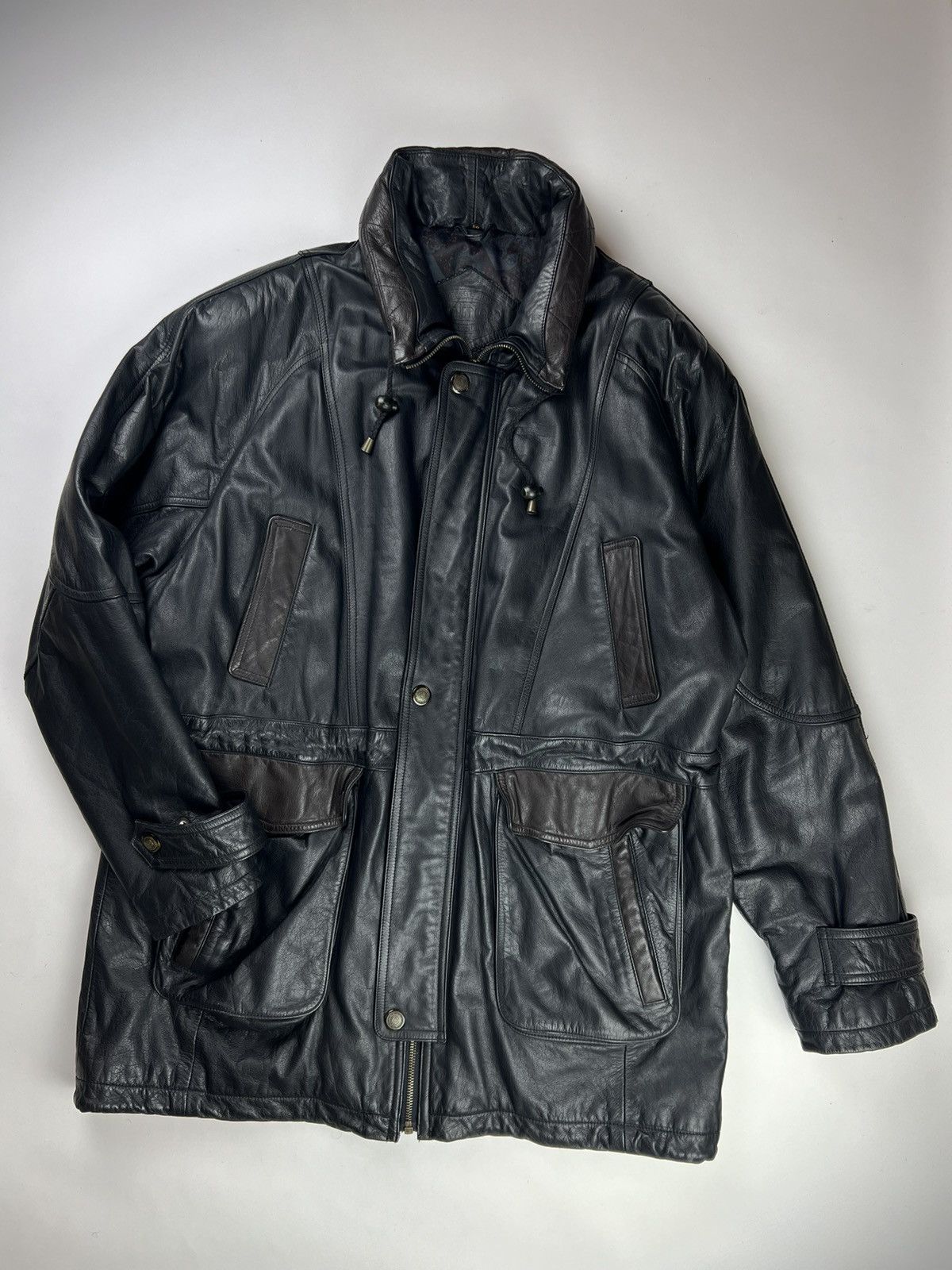 Japanese Brand × Vintage Vintage men's leather jacket black with brown inserts Size US XL / EU 56 / 4 - 1 Thumbnail