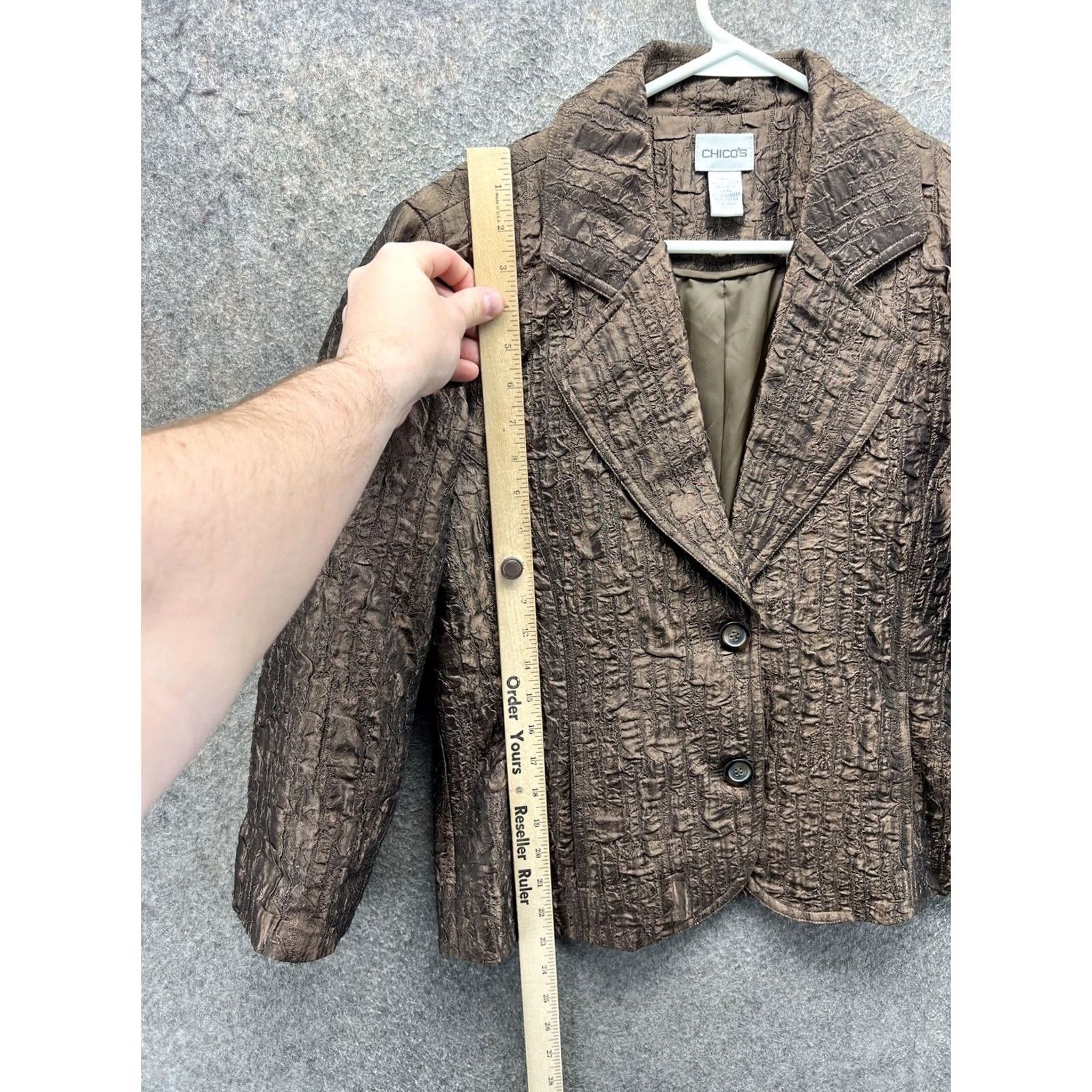 Vintage Chico's Blazer Womens 1 Brown Textured Taffeta Button Front Lined Short Evening Jacket Size 25" / US 0 / IT 36 - 5 Thumbnail