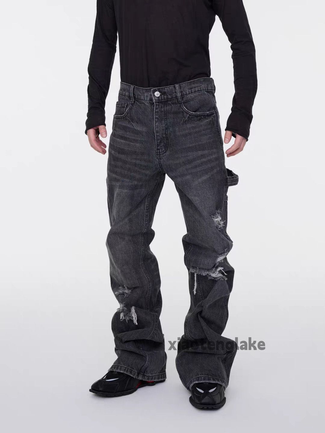 Custom distressed ripped carpenter bootcut jeans