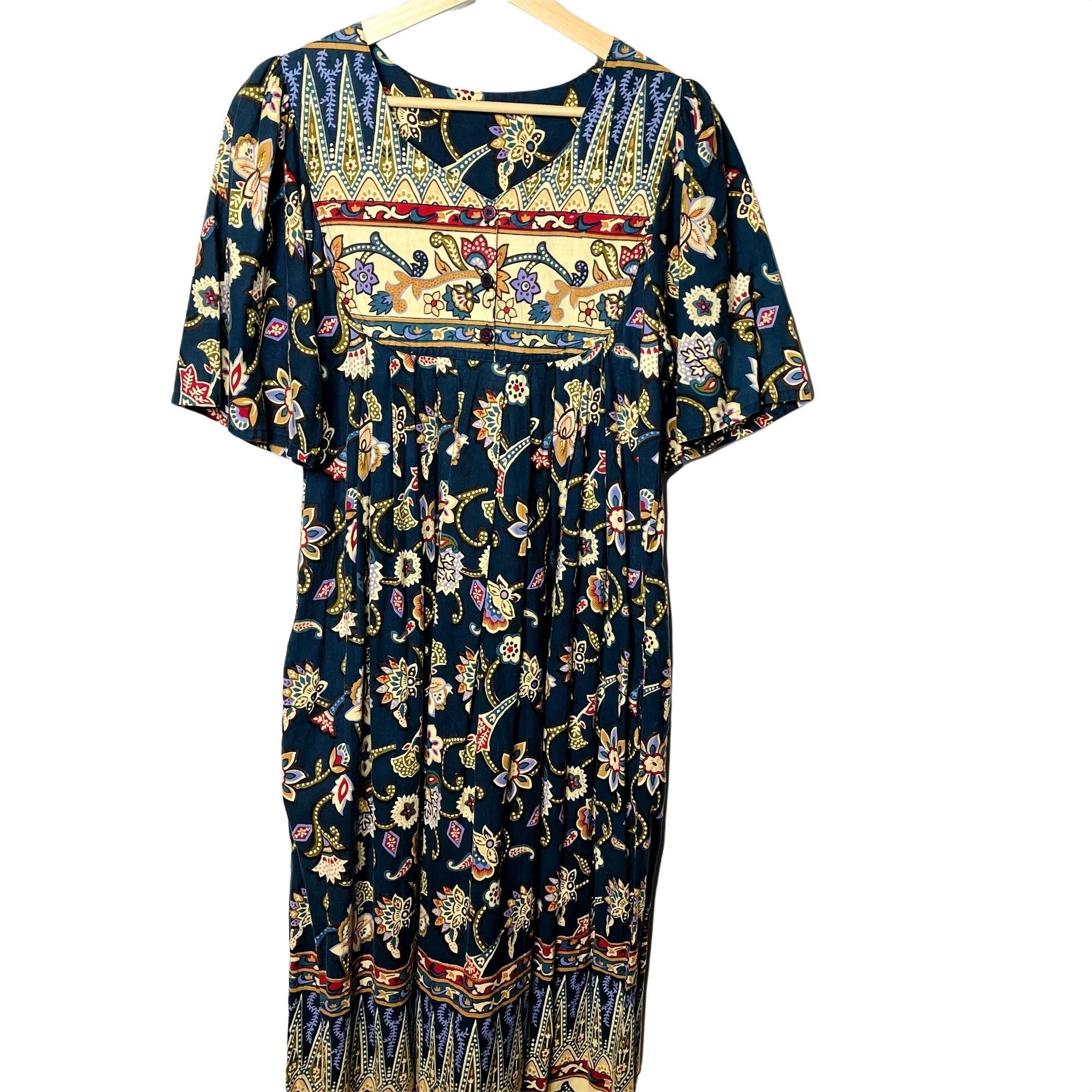 Womens Midi Floral Prairie Dress Vintage Handmade Blue Size