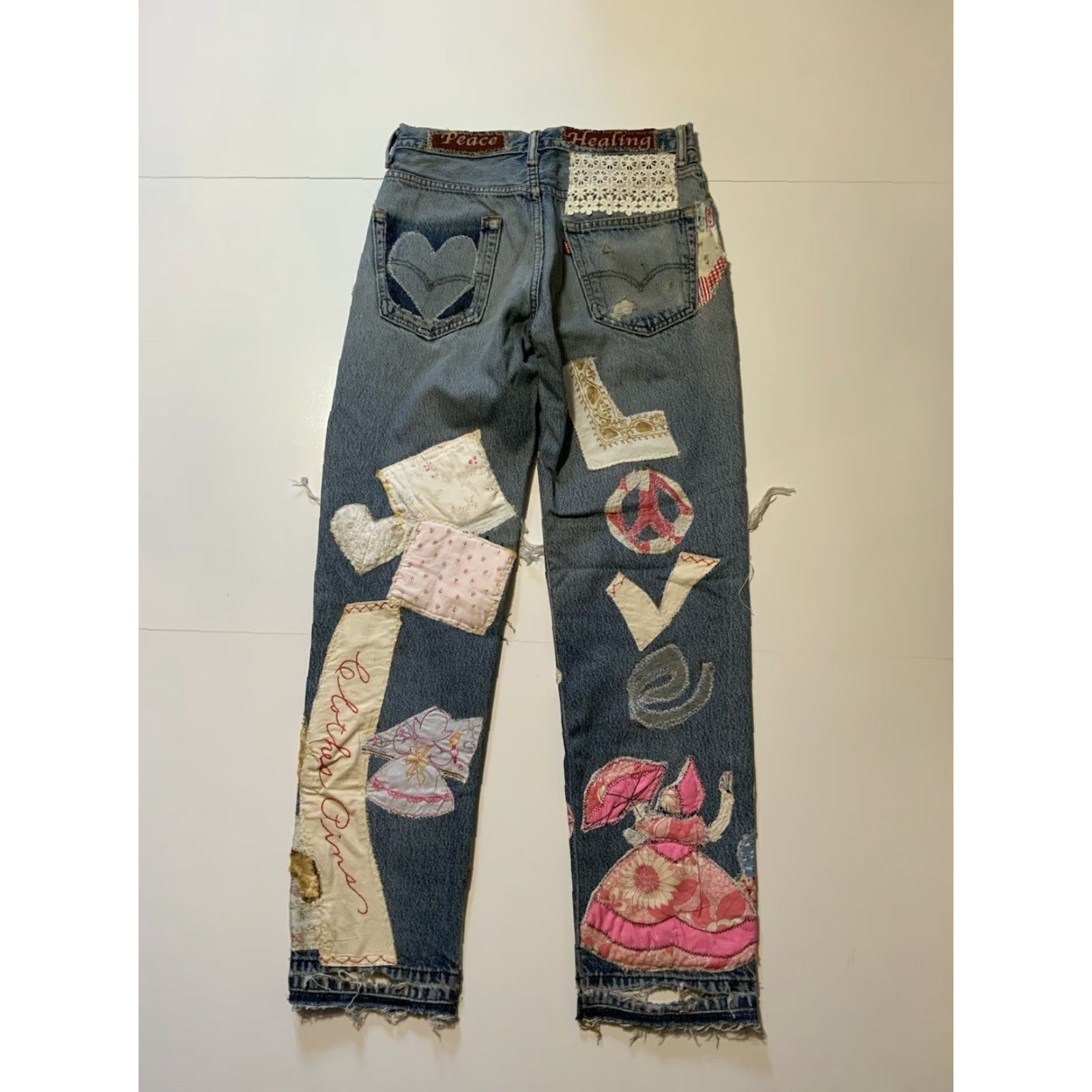VINTAGE Levis Patchwork Peace Love Butterfly Cherub OOAK Rework 1/1 Denim Jeans - Levi's Jeans, Patchwork, 32x32, Blue, Button Fly, Classic Fit, Mens