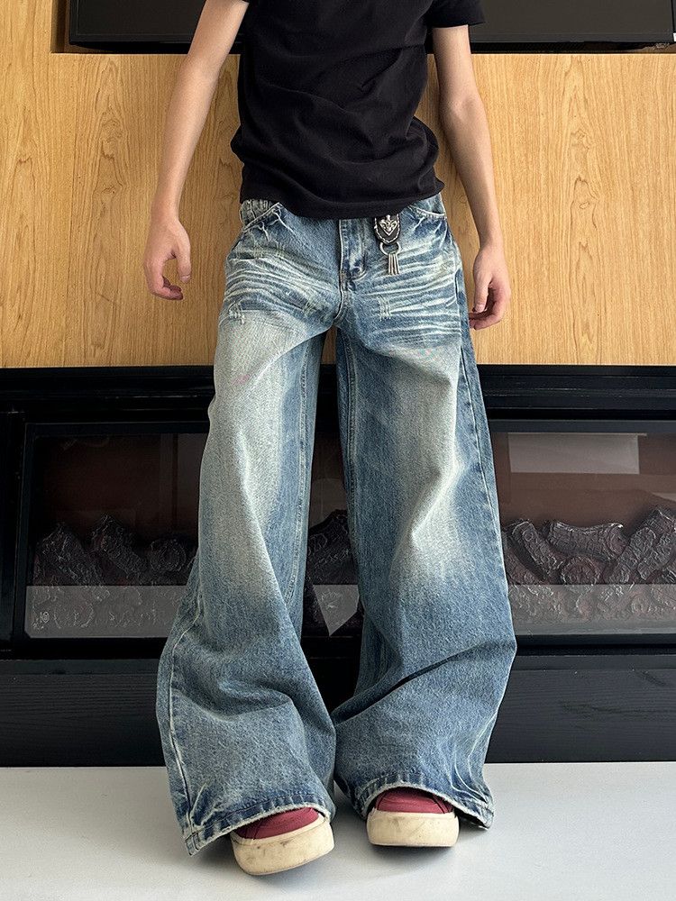 Retro men's loose-fitting versatile washed distressed jeans