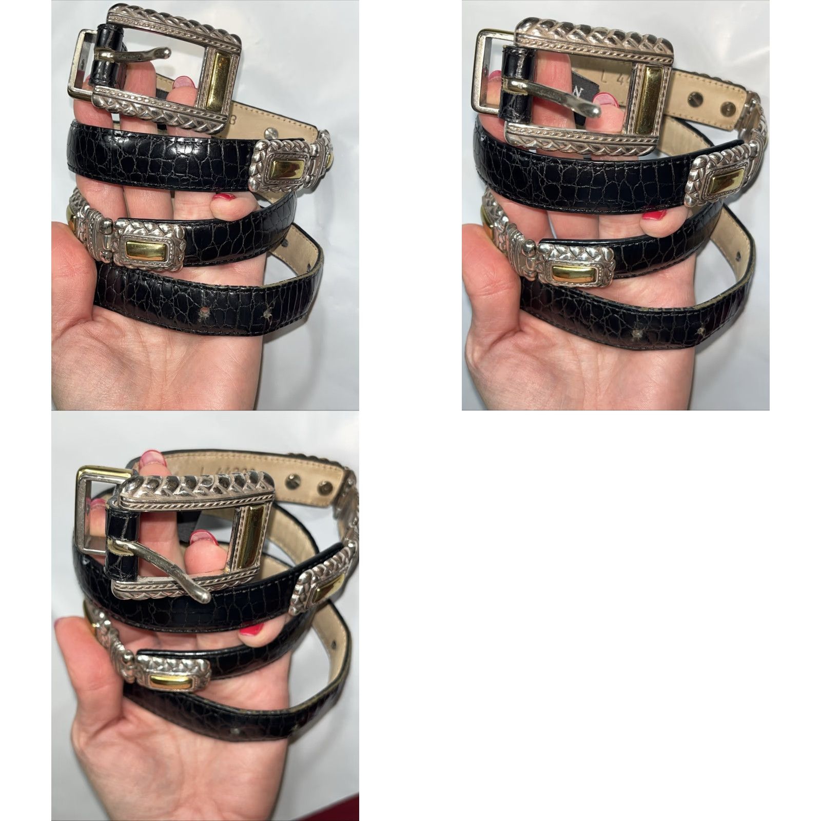 Brighton VINTAGE Brighton BELT Women Large Black Leather Croc Print Gold Silver Chain Links 44203 LRG Size ONE SIZE - 9 Thumbnail