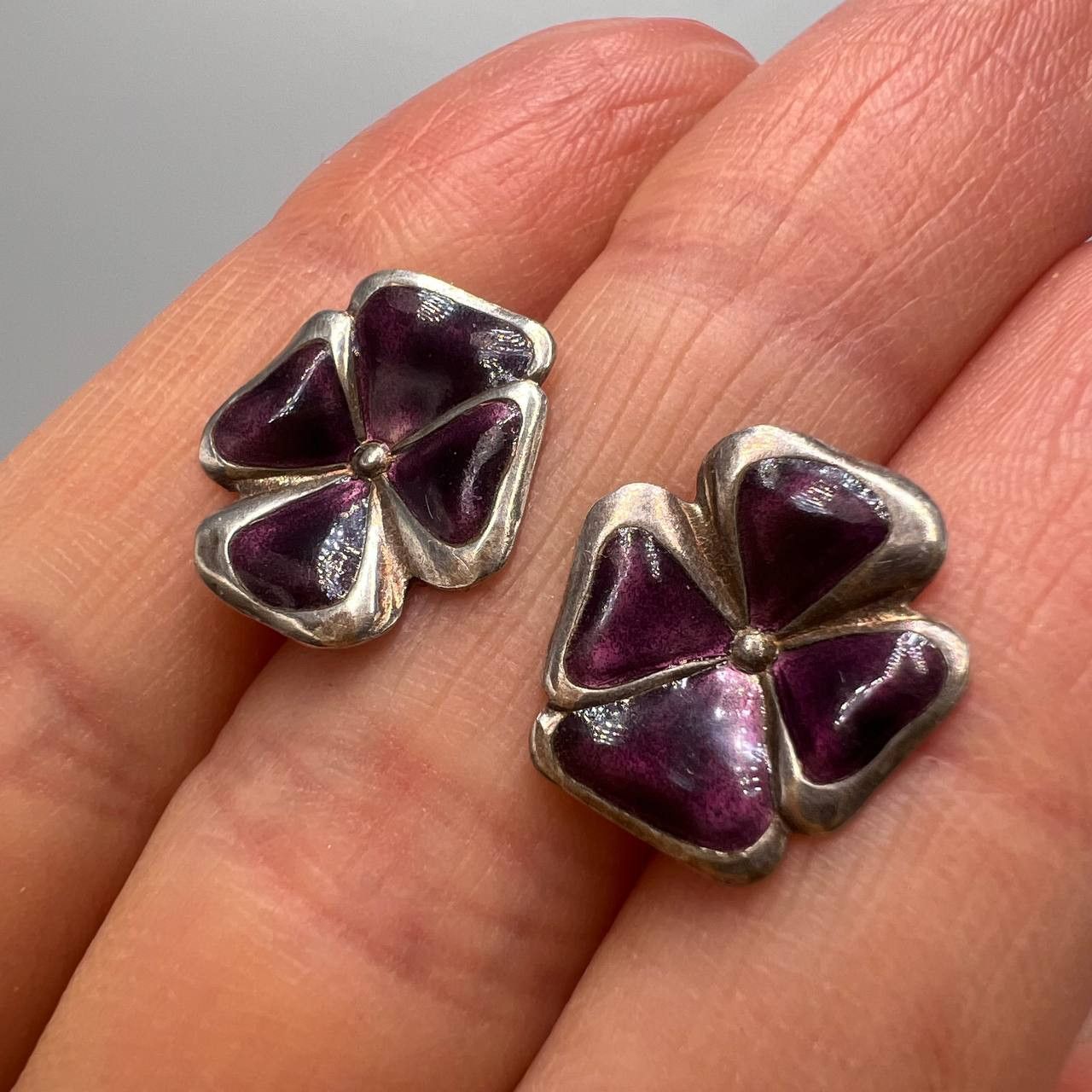 Jewelry x Vintage Earrings Violet Flower Ussr Silver 916 Hot Enamel, Women's