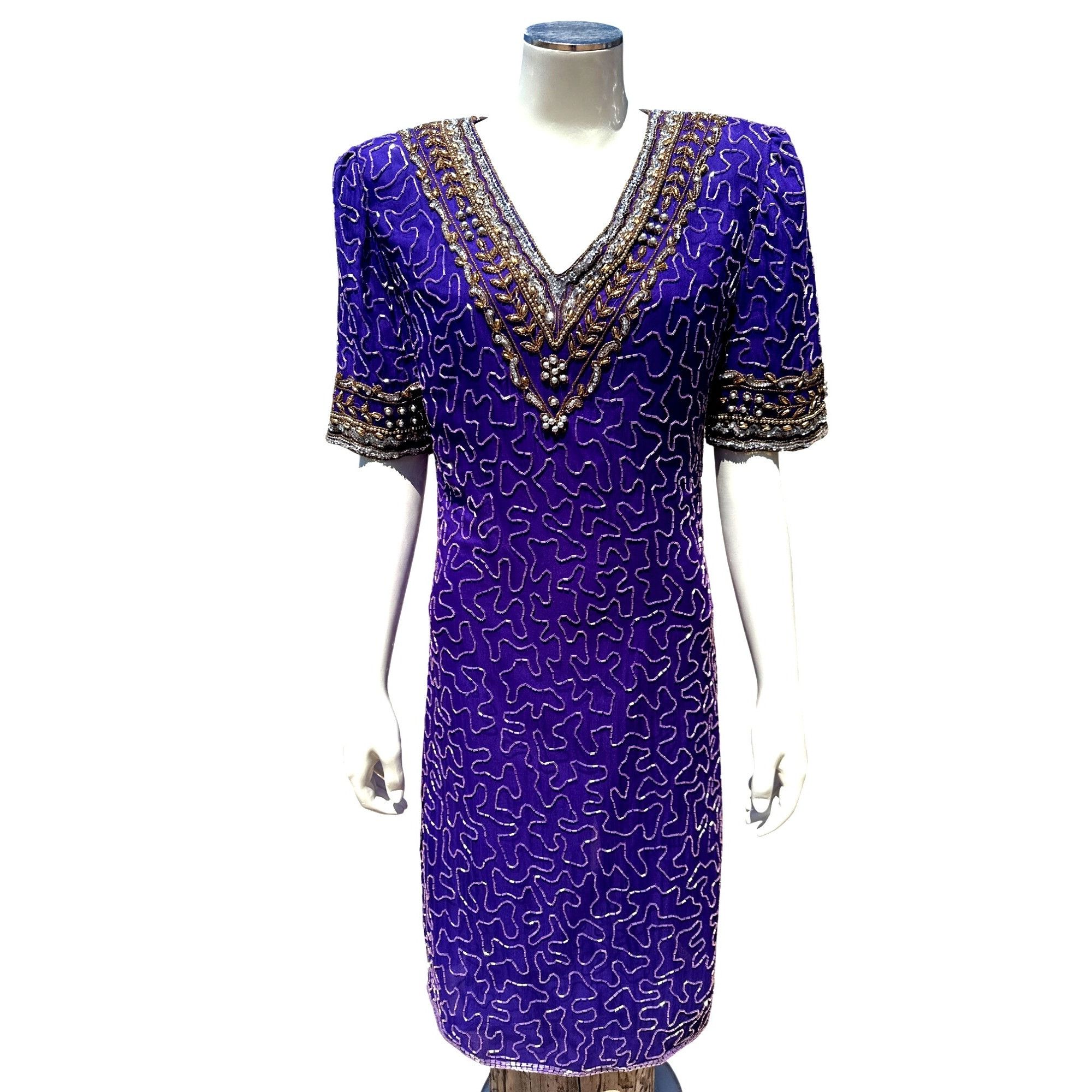 Other All Silk Vintage Dress by Lawrence Kazar Med Purple Beaded C Size S / US 4 / IT 40 - 2 Thumbnail