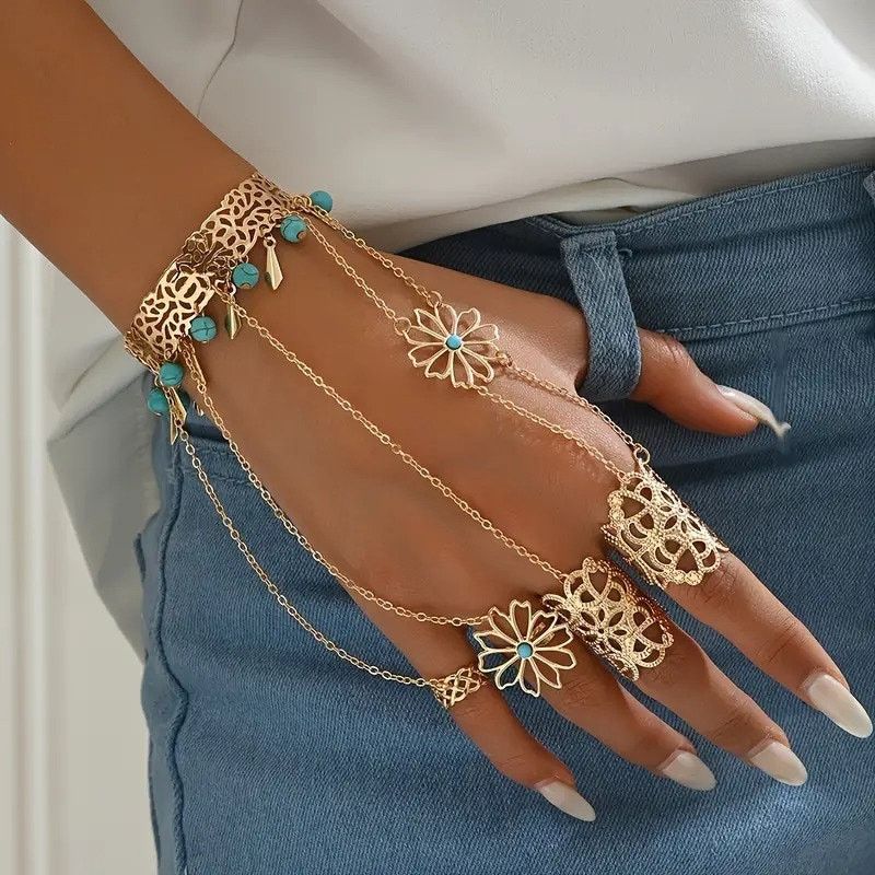 Other Boho Turquoise Flower Chain Hand Bracelet Ring Set Size ONE SIZE - 1 Thumbnail