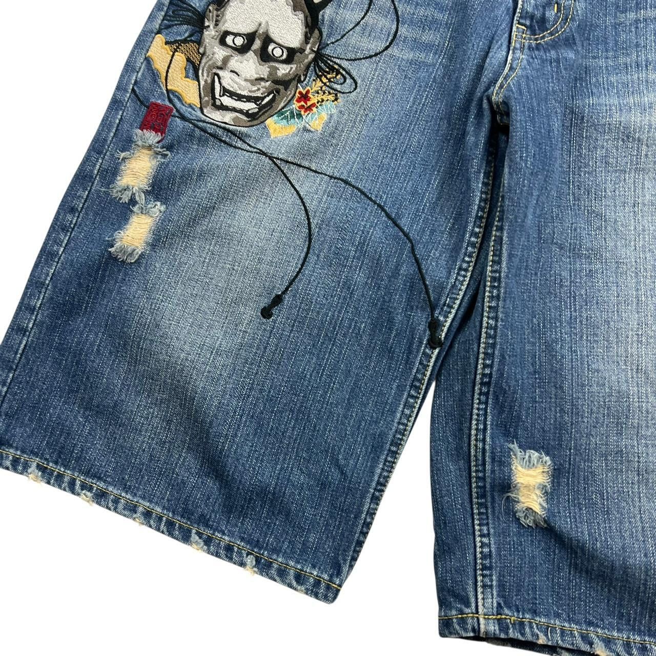 Karakuri Tamashii Karakuri Tamashii Embroidered Oni Mask Denim Shorts Waist 33 Size US 33 - 3 Thumbnail