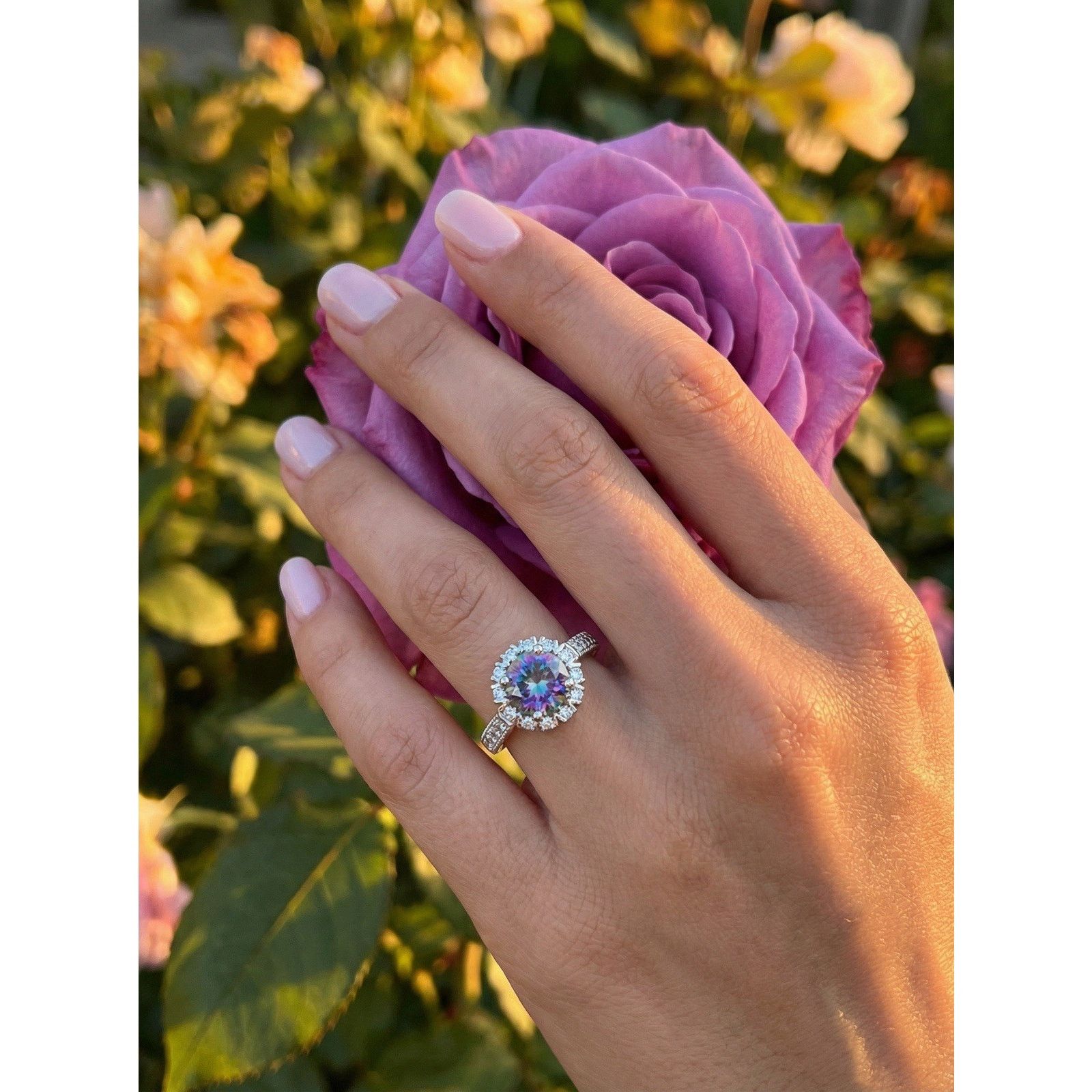 & Other Stories Exquisite 2ct Mystic Moissanite Halo VVS1 Adjustable Ring Size ONE SIZE - 2 Thumbnail