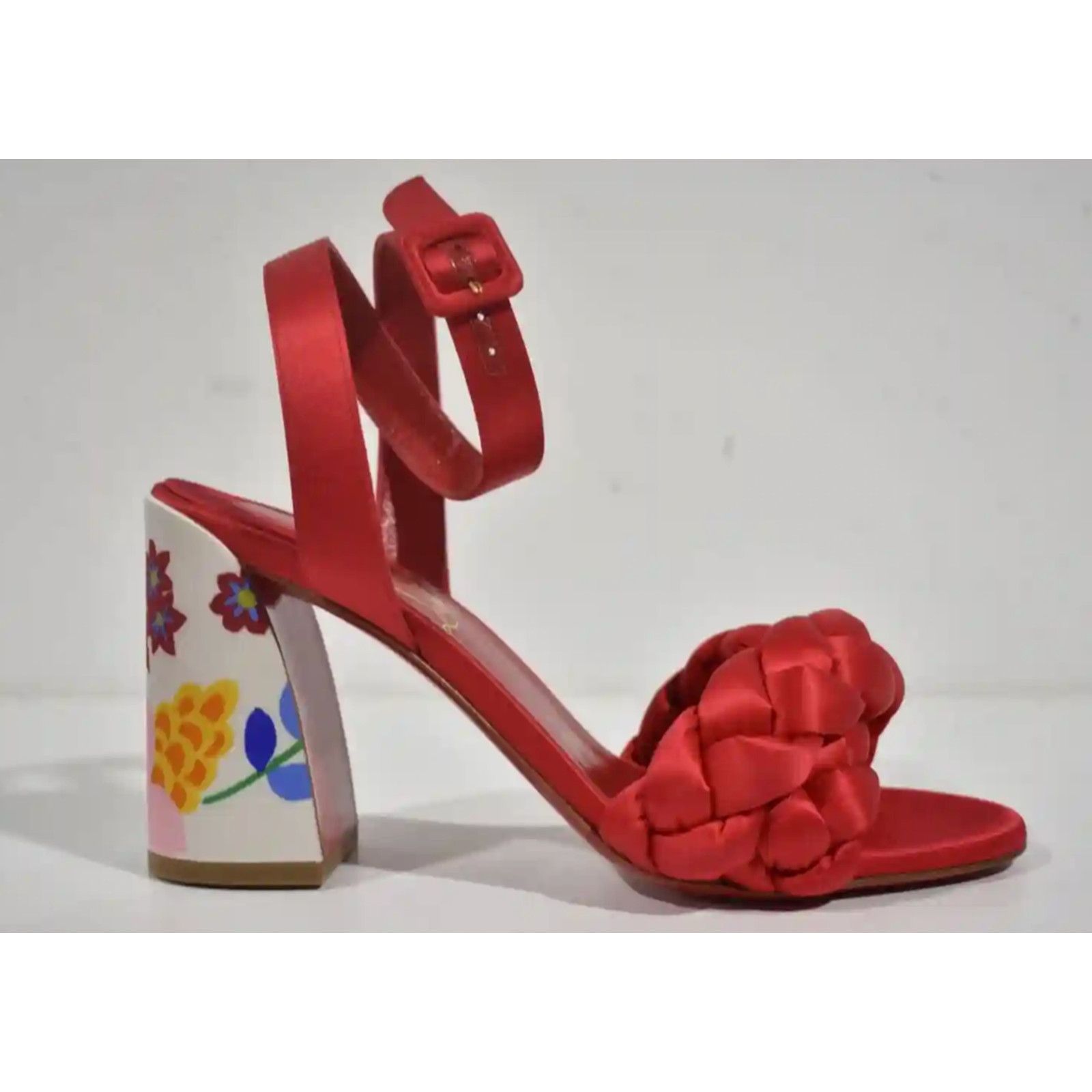 Christian Louboutin Brio 85 Red Floral Ankle Strap Sandal Block Heel Pump 37 Size US 7 / IT 37 - 2 Thumbnail