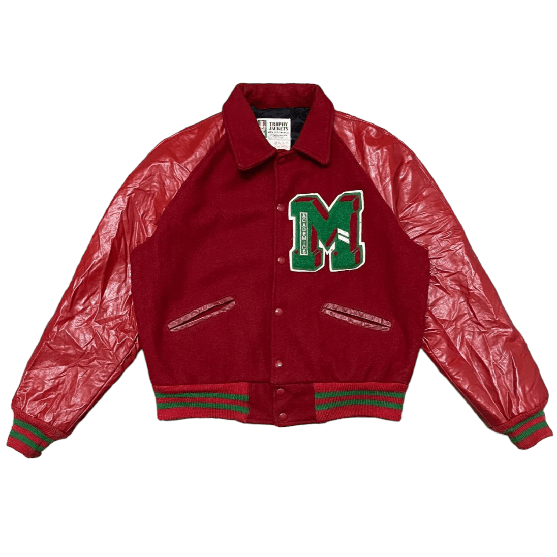 Vtg 70s 80s Trophy USA Letterman Red Wool Leather Academics